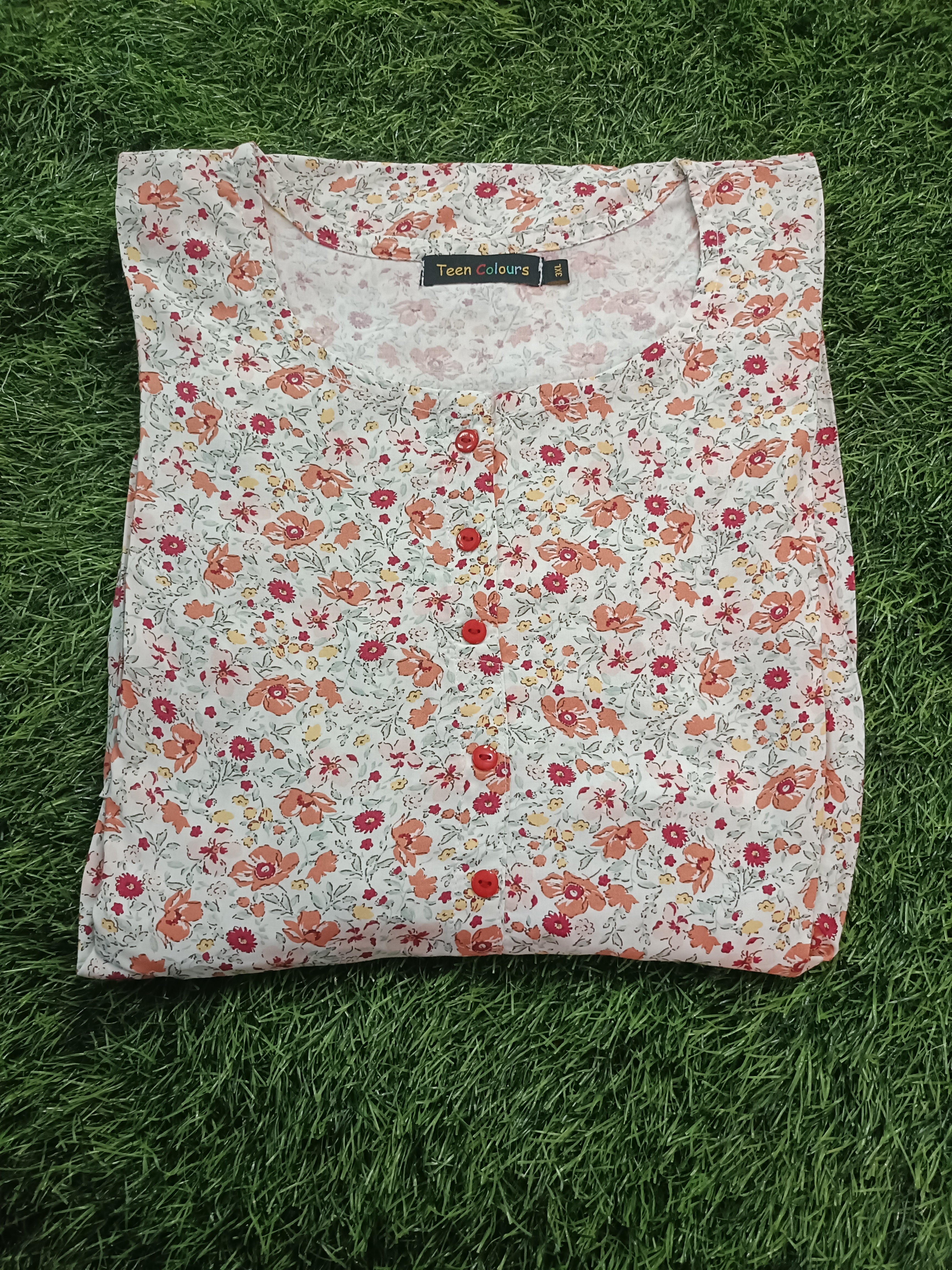 Womens Cream color  Floral Rayon Kurti - Orange and Magenta Small Flower Print, Round Neck, Elbow Sleeves, Straight Cut with Pocket