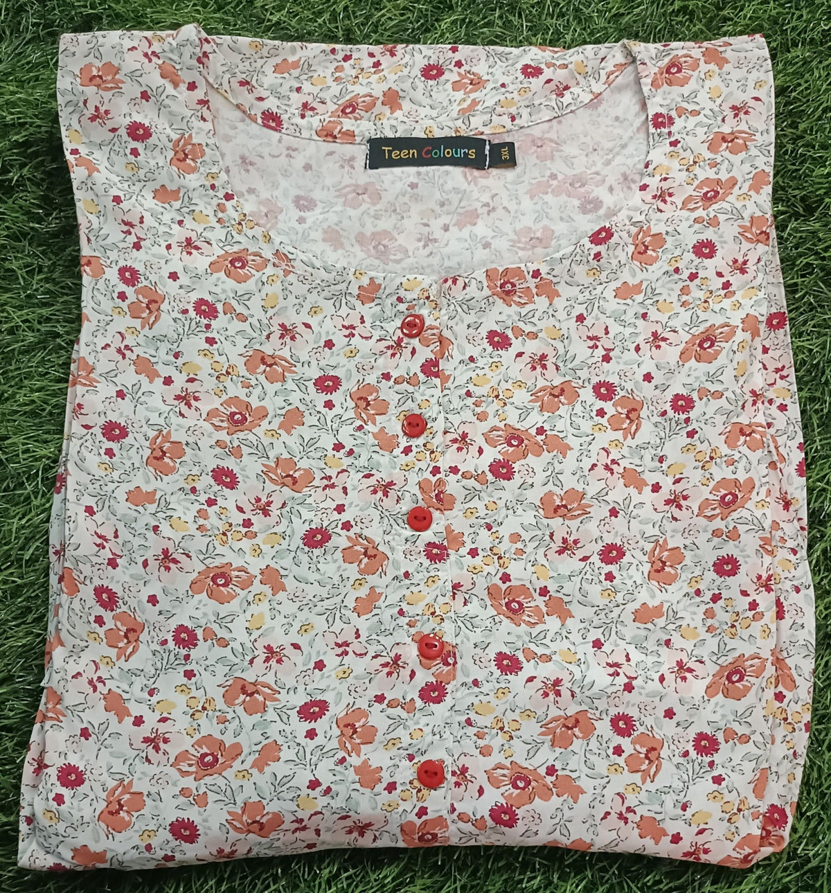 Women's Off-White with Orange and Pink Floral Print Flared Umbrella model kurti with Elbow Sleeves