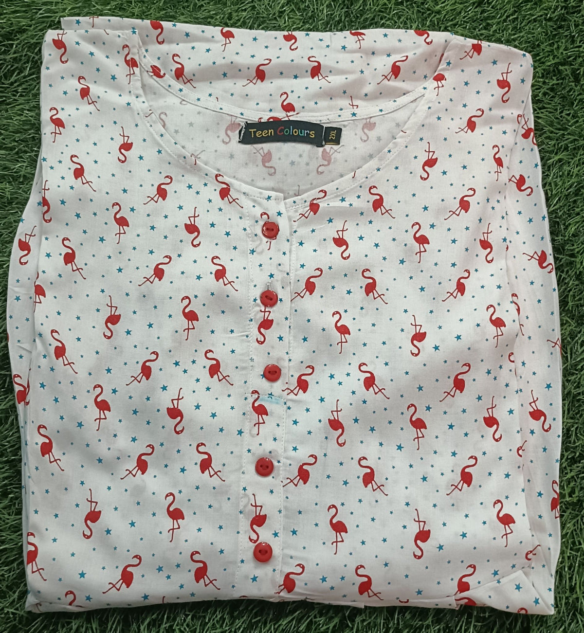 Women's Off-White with Red and Blue Print Flared Umbrella model kurti with Elbow Sleeves