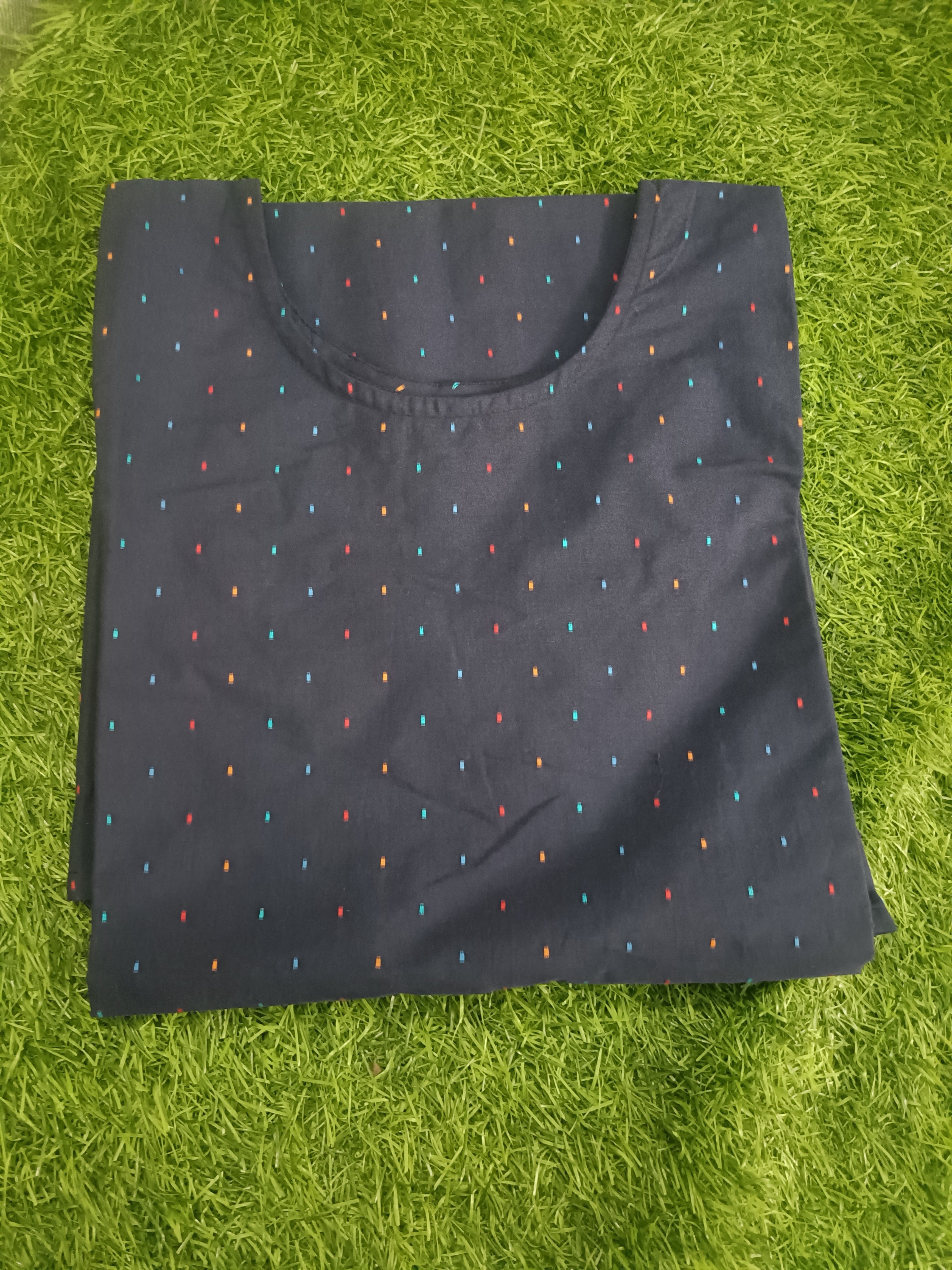 Women’s Navy Blue Multicolour Dash Print Straight-Cut Cotton Kurthi with Elbow Sleeves & Pocket