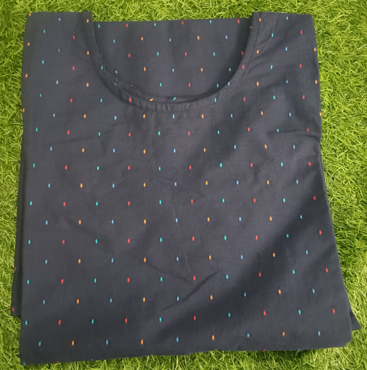 Women’s Navy Blue Multicolour Dash Print Straight-Cut Cotton Kurthi with Elbow Sleeves & Pocket
