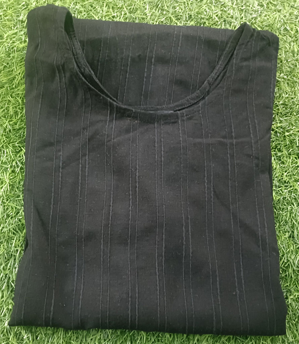 Women’s Charcoal Black Self-Striped Textured Cotton Straight-Cut Kurthi with Elbow Sleeves & Pocket