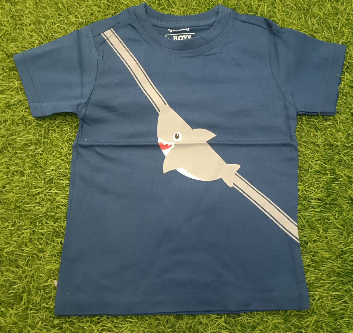 Kids Navy Blue Shark Graphic Printed Round Neck Half Sleeve T-Shirt