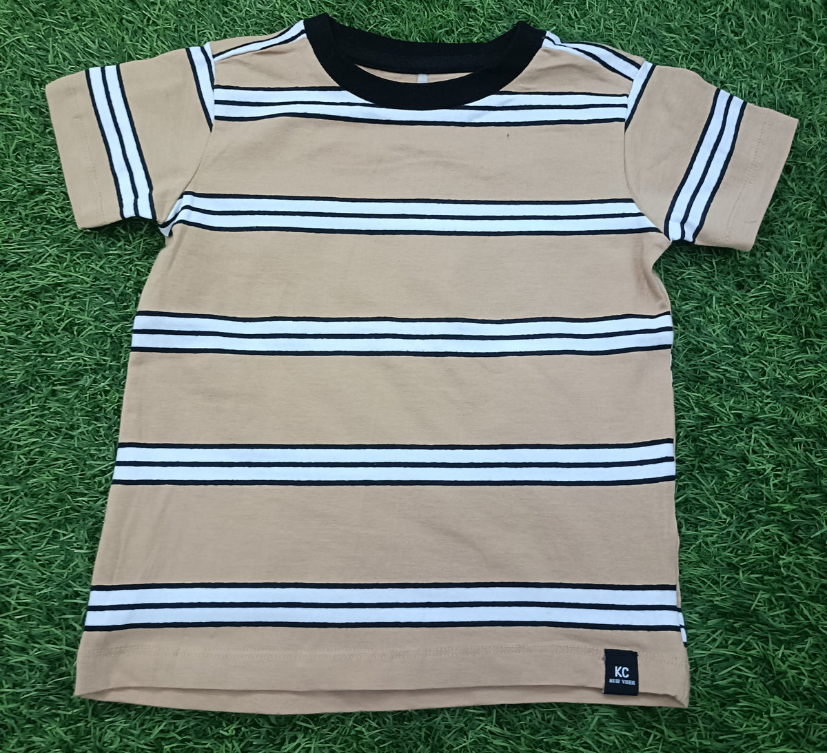 Kids Camel Brown Striped Round Neck Half Sleeve T-Shirt