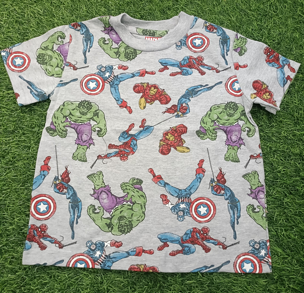 Kids Light Grey All-Over Superhero Character Printed Round Neck Half Sleeve T-Shirt