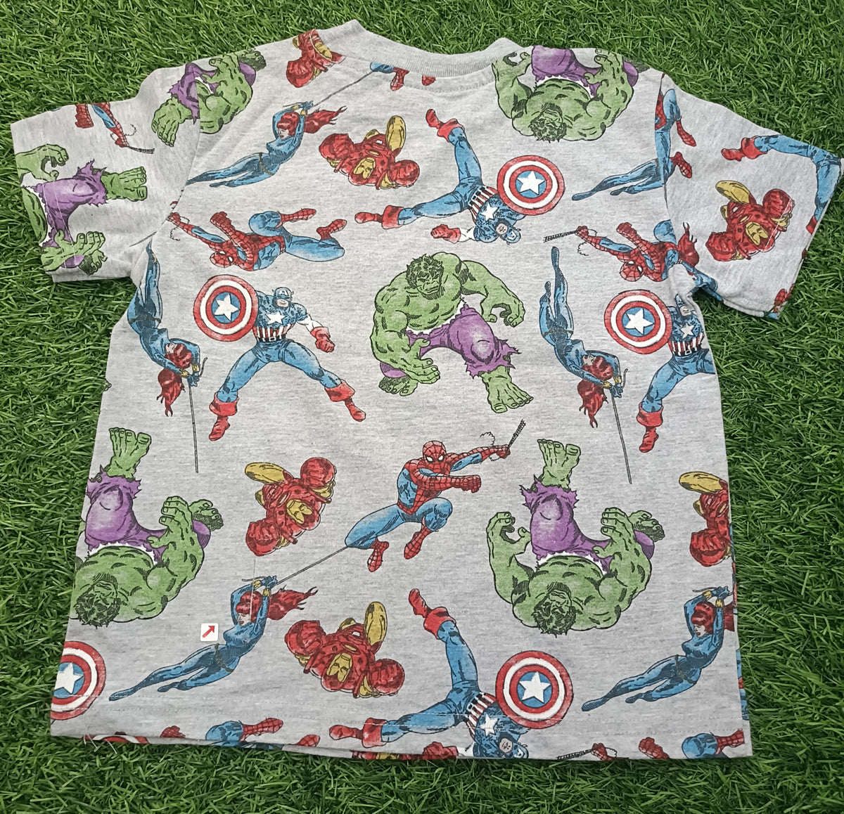 Kids Light Grey All-Over Superhero Character Printed Round Neck Half Sleeve T-Shirt