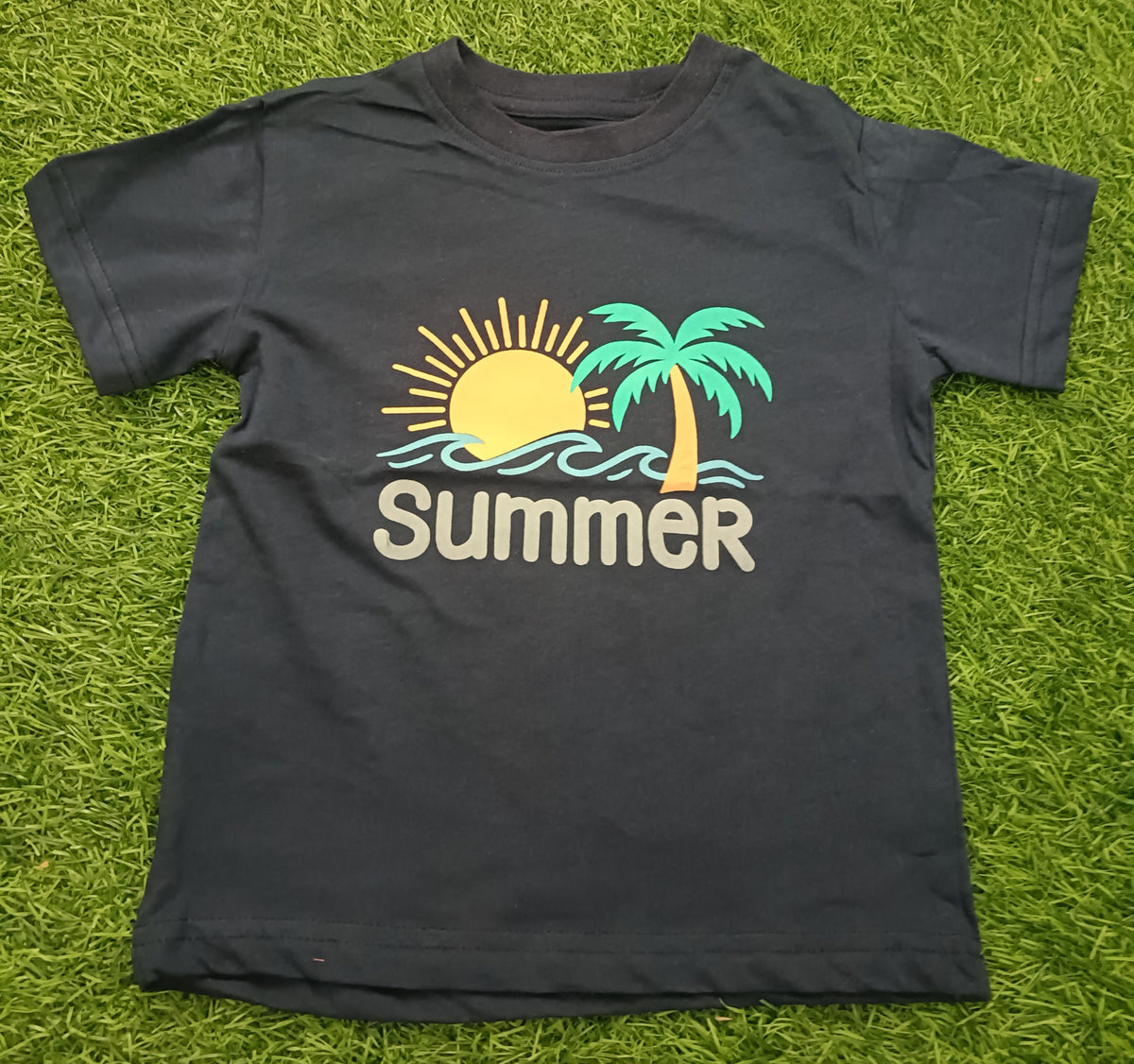 Kids Dark Navy Blue Summer Beach Graphic Printed Round Neck Half Sleeve T-Shirt
