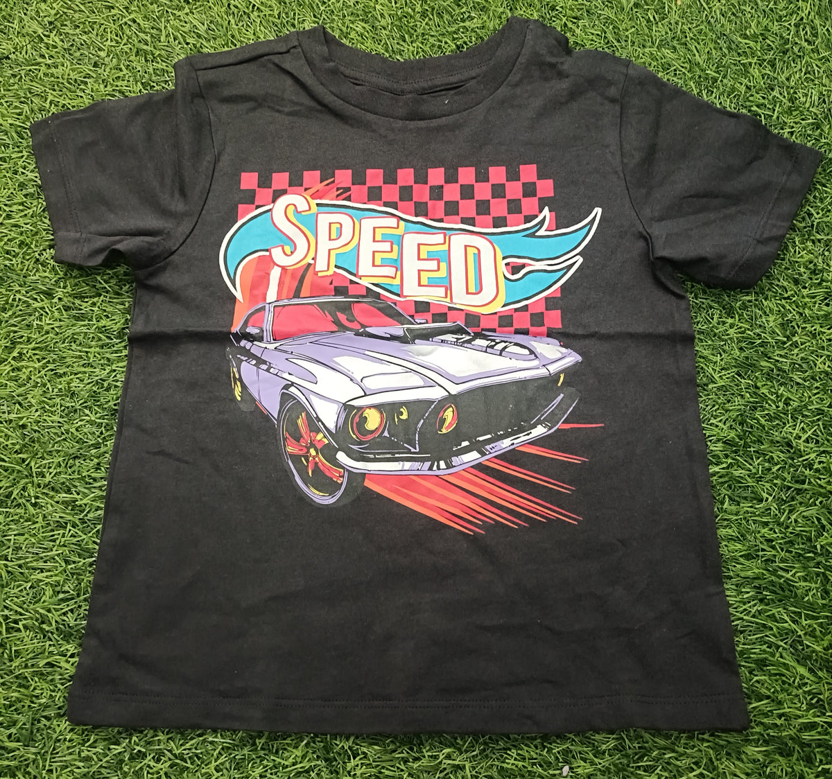Kids Black Speed Racing Car Graphic Printed Round Neck Half Sleeve T-Shirt