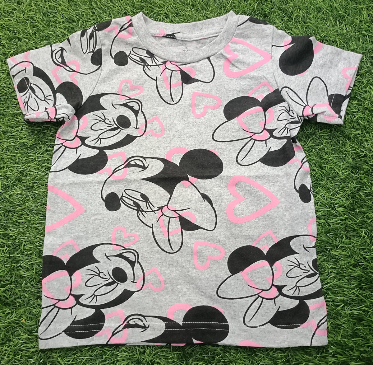 Kids Light Grey Cartoon Character & Heart All-Over Printed Round Neck T-Shirt