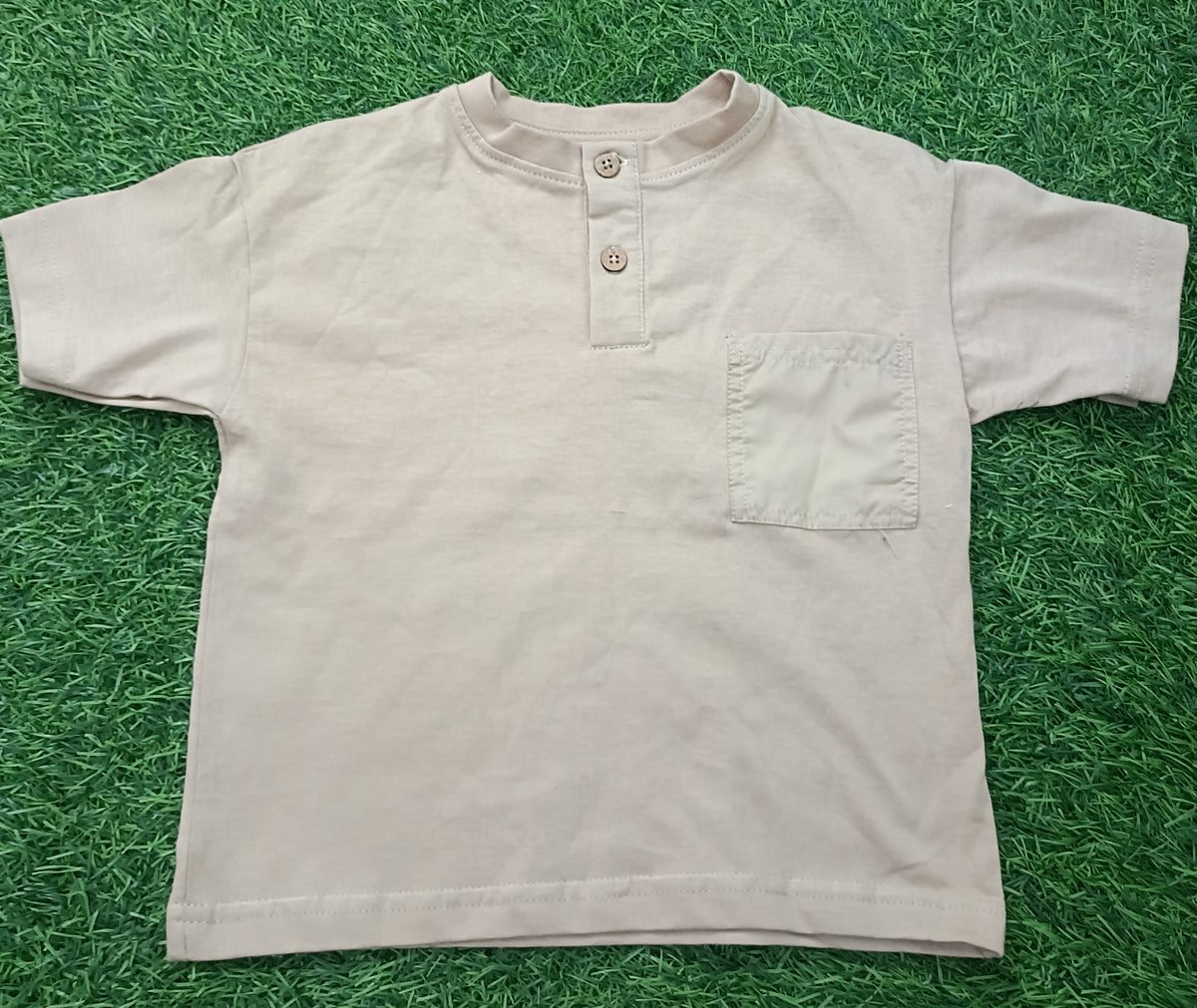 Kids Beige Solid Henley Neck T-Shirt with Chest Pocket