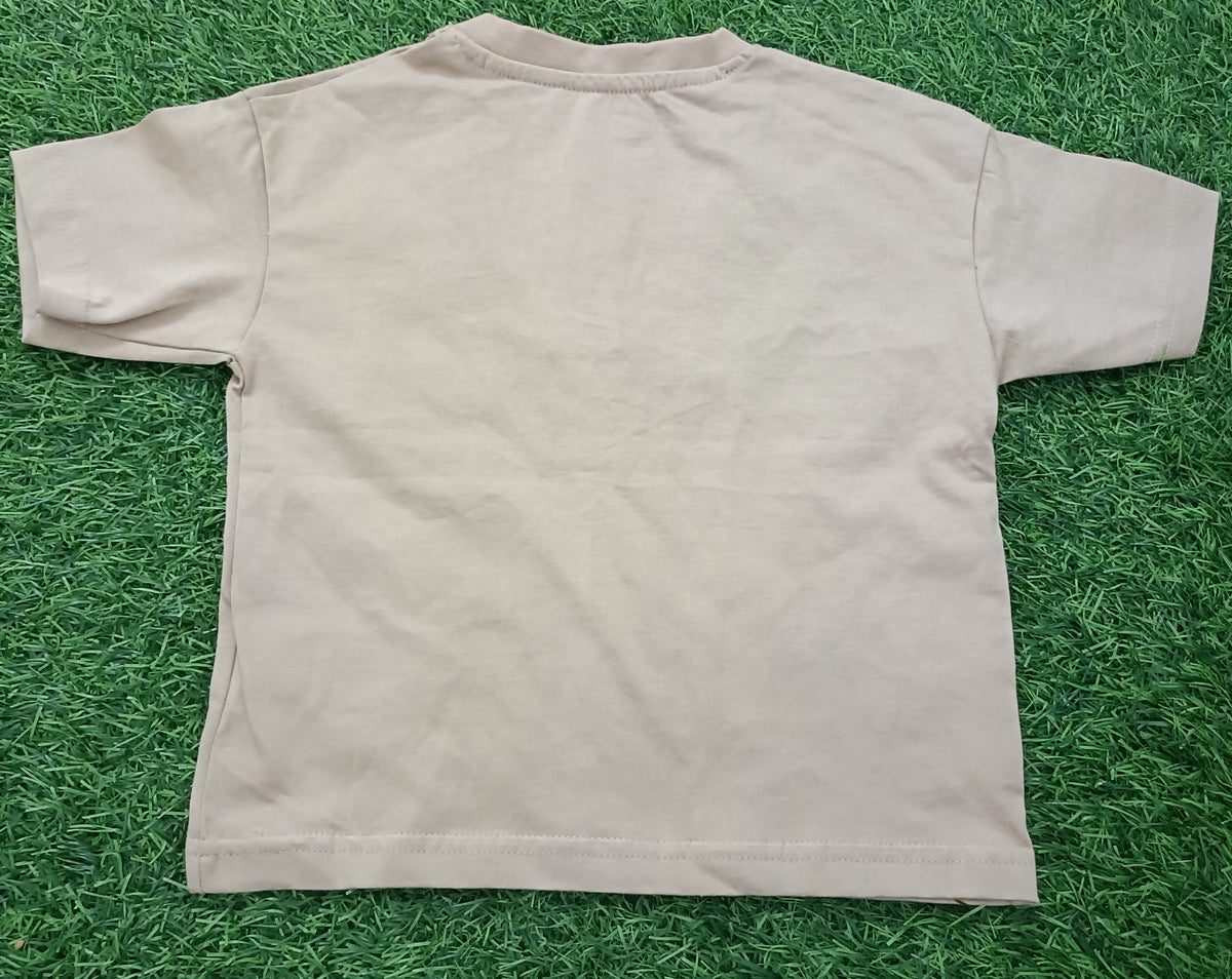 Kids Beige Solid Henley Neck T-Shirt with Chest Pocket