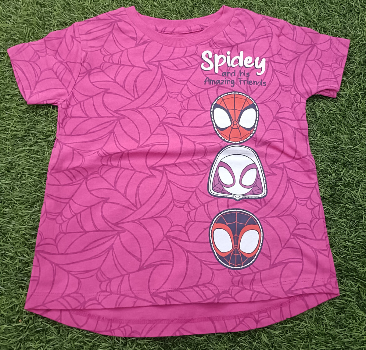 Kids Pink Spider Web & Mask Graphic Printed Round Neck T-Shirt