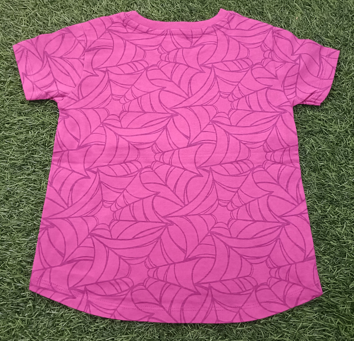 Kids Pink Spider Web & Mask Graphic Printed Round Neck T-Shirt