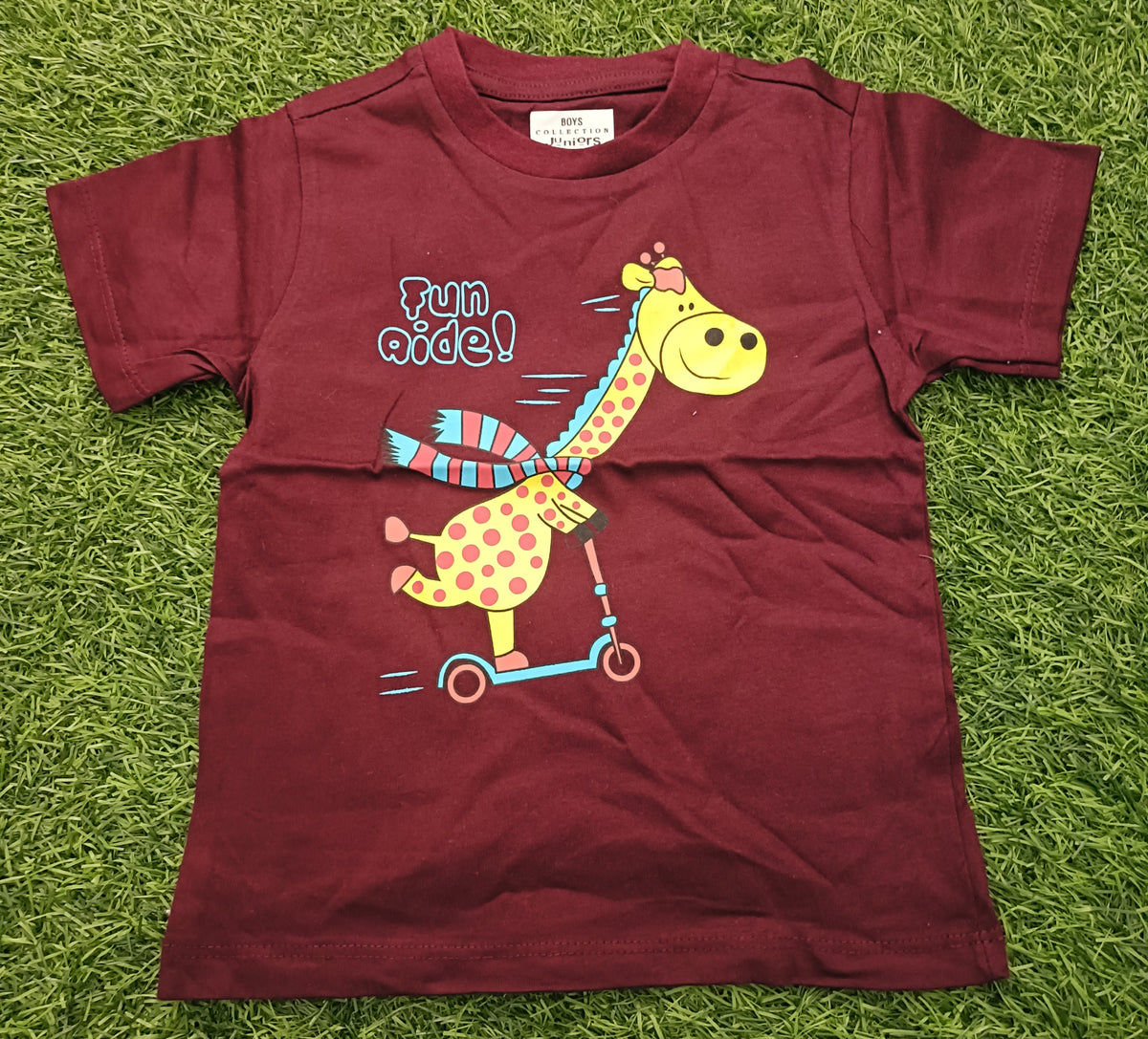 Kids Maroon Fun Ride Giraffe Graphic Printed Round Neck T-Shirt