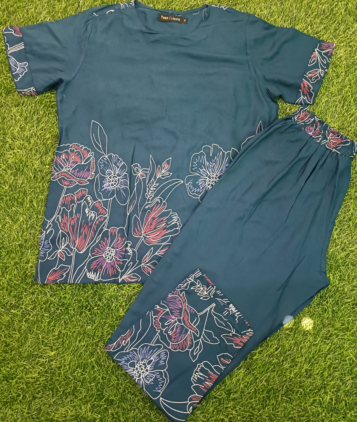 Ladies Dark Teal Blue Floral Printed Side Slit Co-Ord Set – Round Neck Top & Elastic Waist Pant