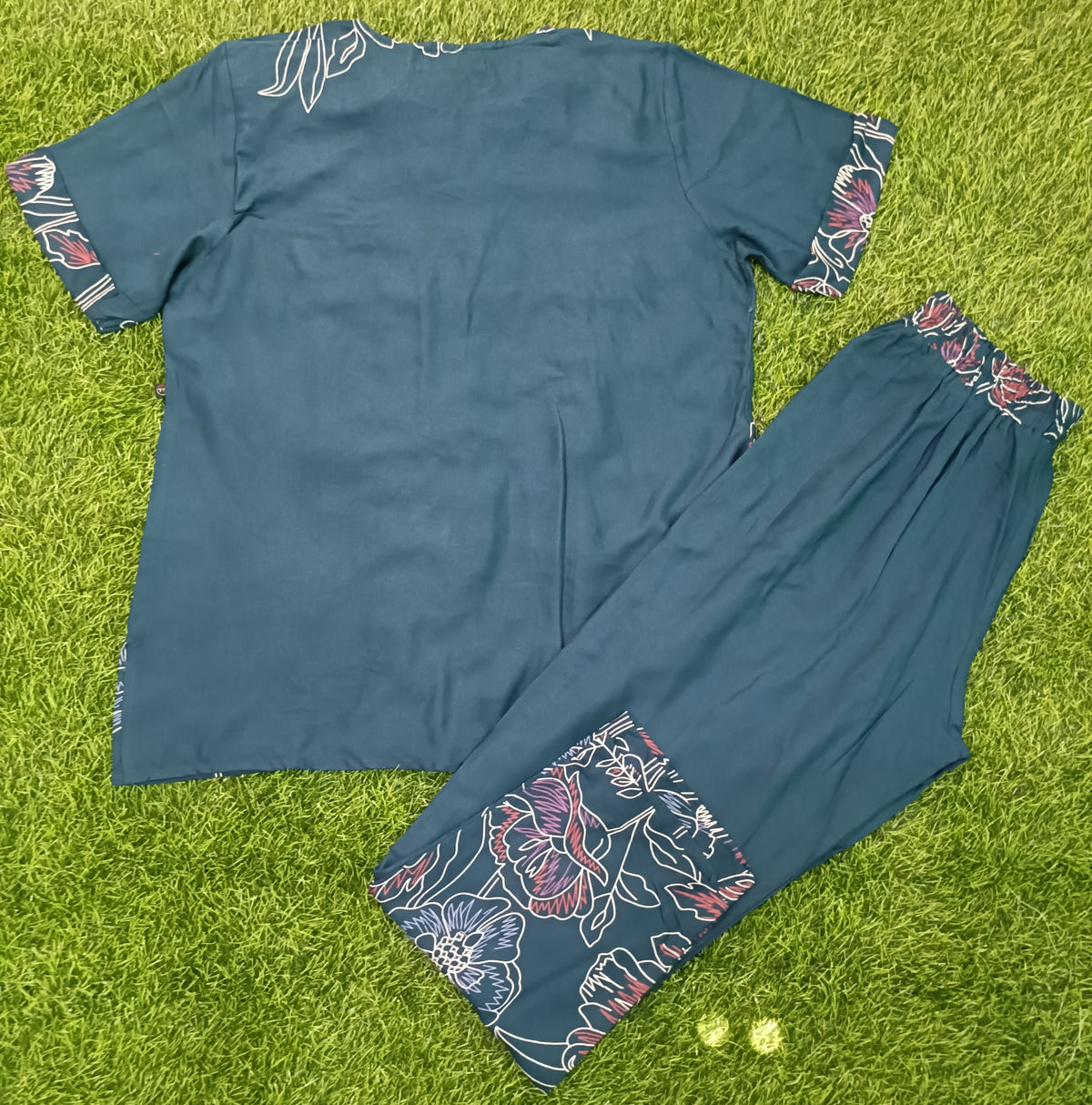 Ladies Dark Teal Blue Floral Printed Side Slit Co-Ord Set – Round Neck Top & Elastic Waist Pant
