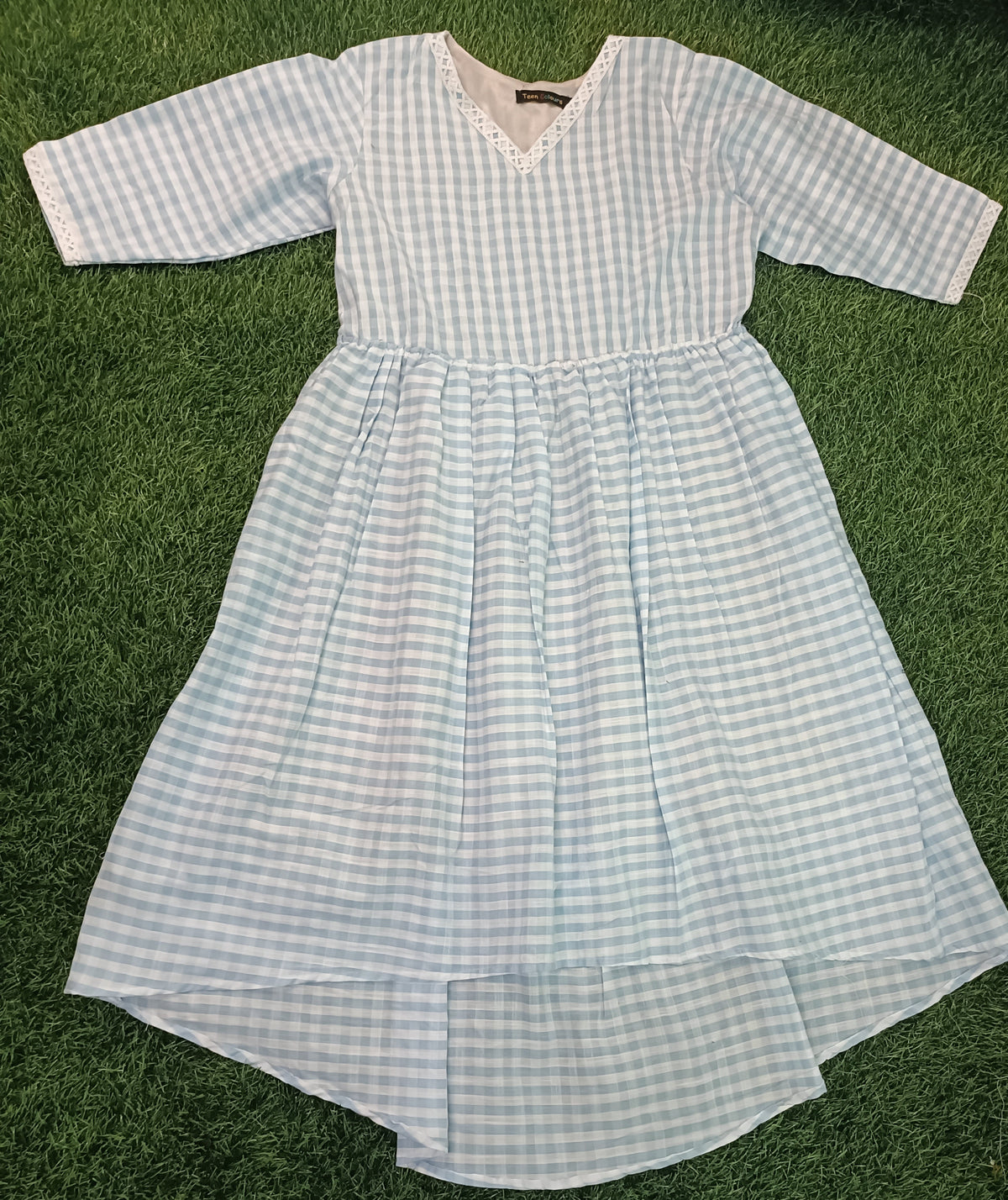 Ladies Light Sky Blue Checkered V-Neck 3/4 Bell Sleeve Elastic Waist Flared Western Long Frock