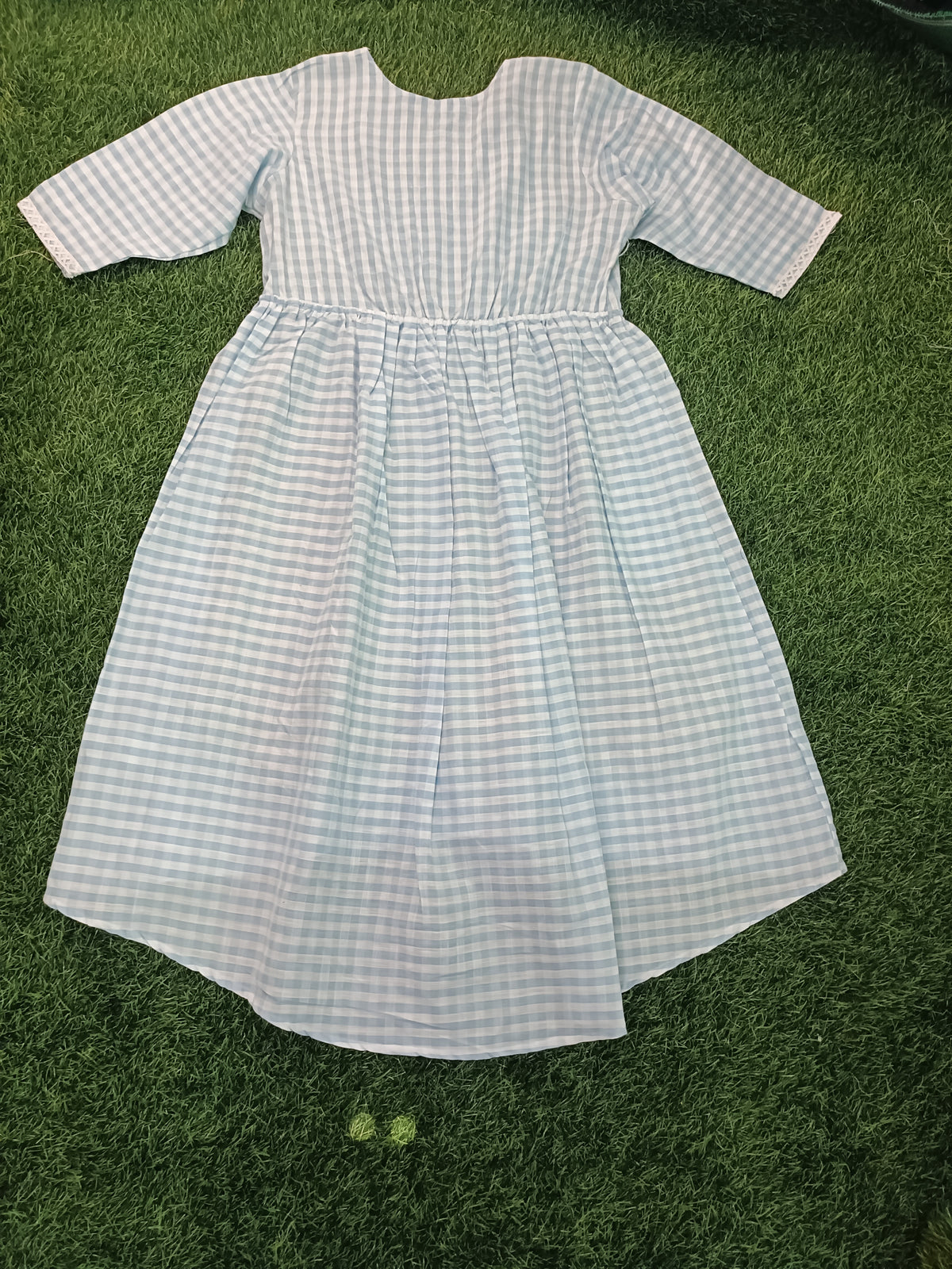 Ladies Light Sky Blue Checkered V-Neck 3/4 Bell Sleeve Elastic Waist Flared Western Long Frock