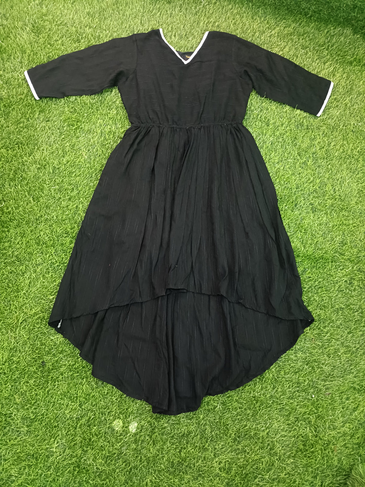 Ladies Black Cotton Linen  V-Neck 3/4 Bell Sleeve Elastic Waist High-Low Flared Long Frock