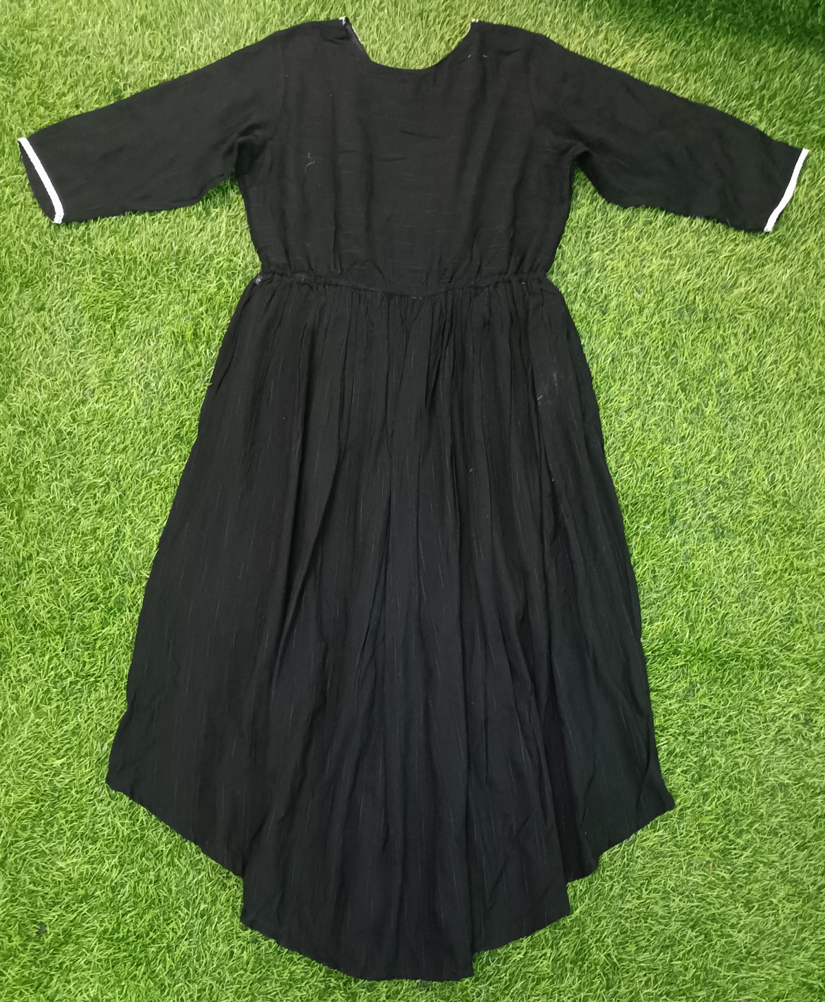 Ladies Black Cotton Linen  V-Neck 3/4 Bell Sleeve Elastic Waist High-Low Flared Long Frock