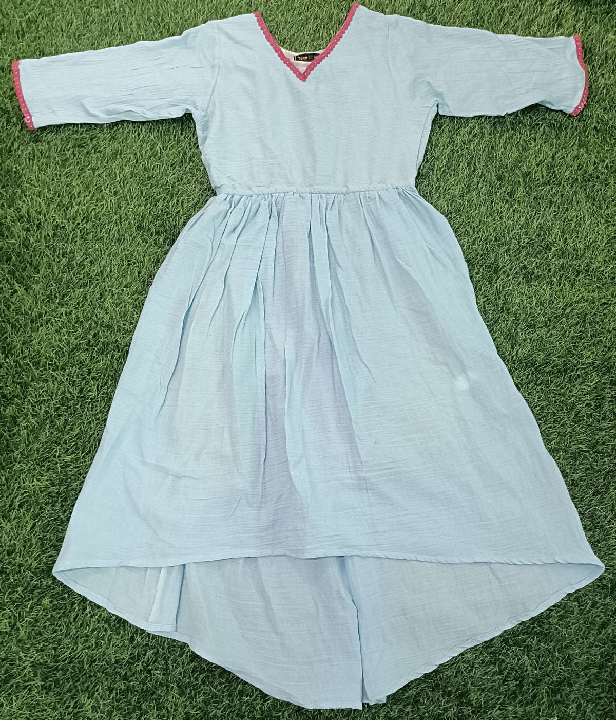 Ladies Light Sky Blue V-Neck  Linen cotton 3/4 Bell Sleeve Elastic Waist High-Low Western Long Frock