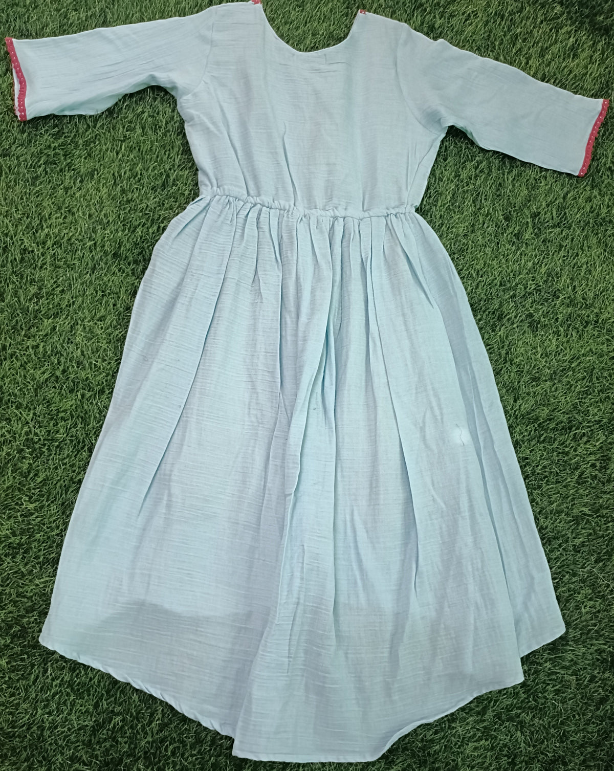 Ladies Light Sky Blue V-Neck  Linen cotton 3/4 Bell Sleeve Elastic Waist High-Low Western Long Frock