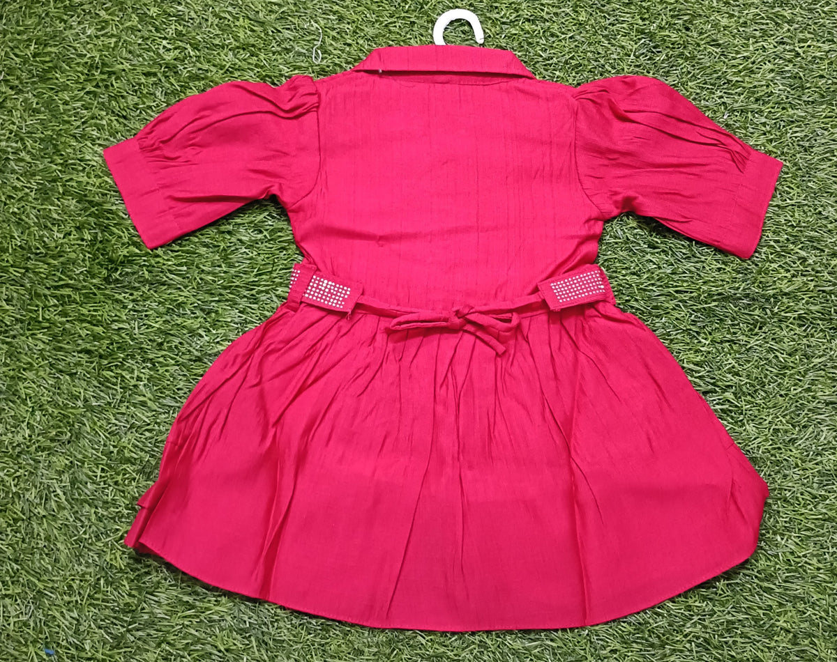 Girls Dark Pink Collared Puff Sleeve Frock with Cream Leggings