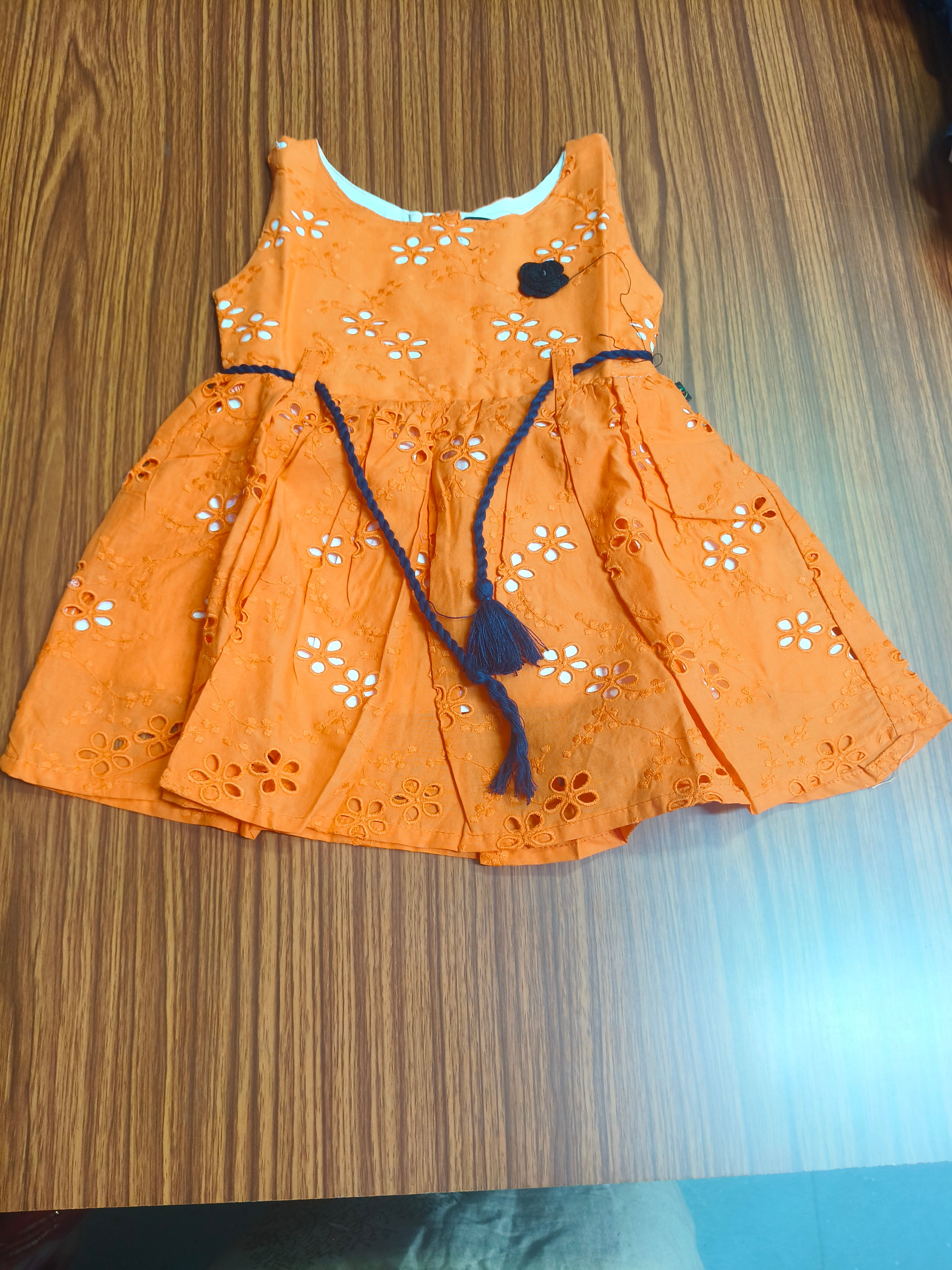 Girls Peach Orange Embroidered Georgette Sleeveless Party Frock
