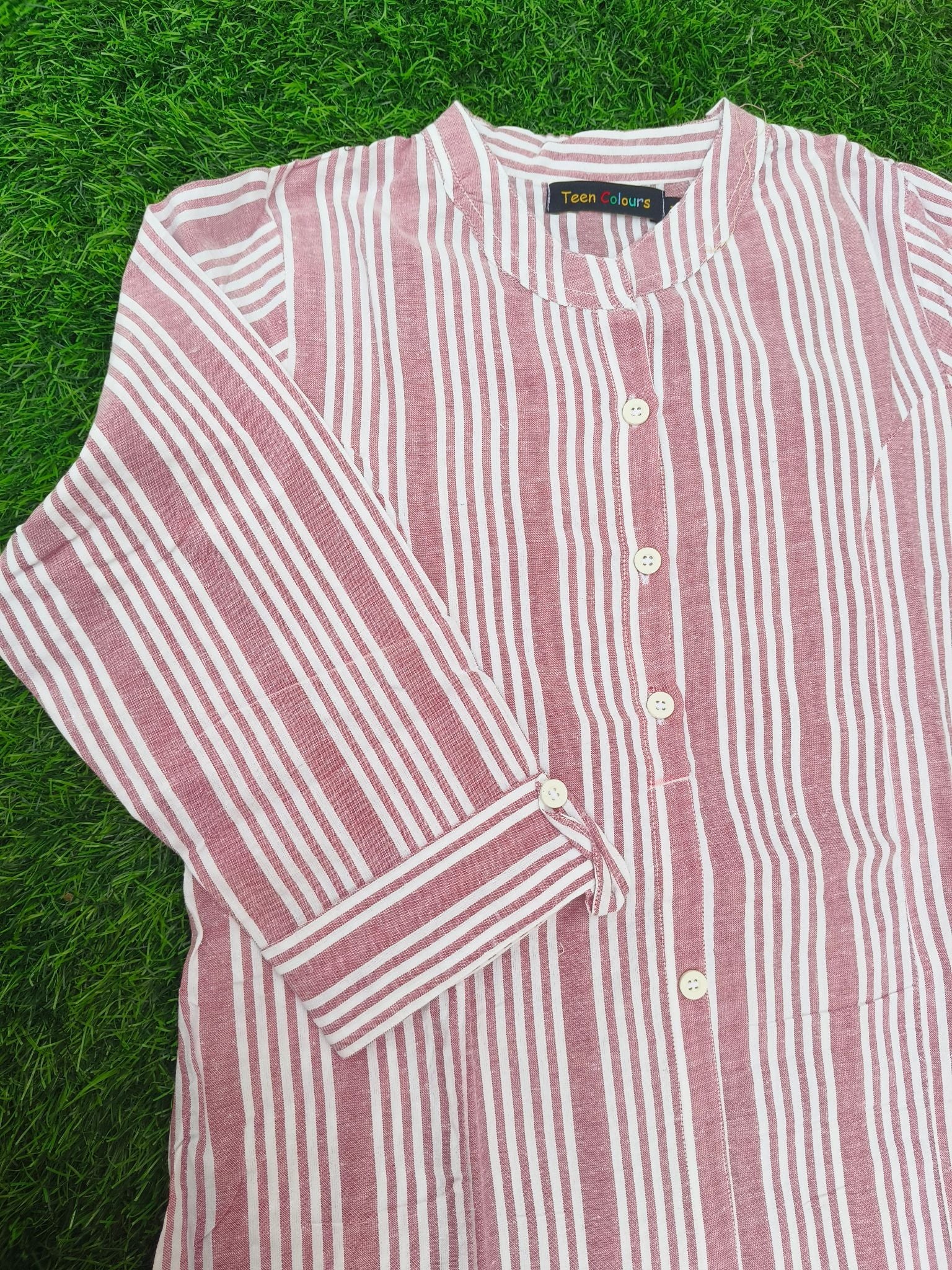 Women's Dusty Pink Striped Princess Cut Kurti & Pant Co-Ord Set with Mandarin Collar and Folded Cuff Sleeves