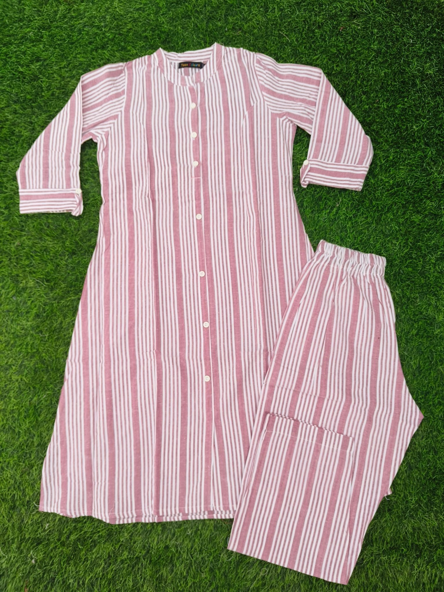 Women's Dusty Pink Striped Princess Cut Kurti & Pant Co-Ord Set with Mandarin Collar and Folded Cuff Sleeves