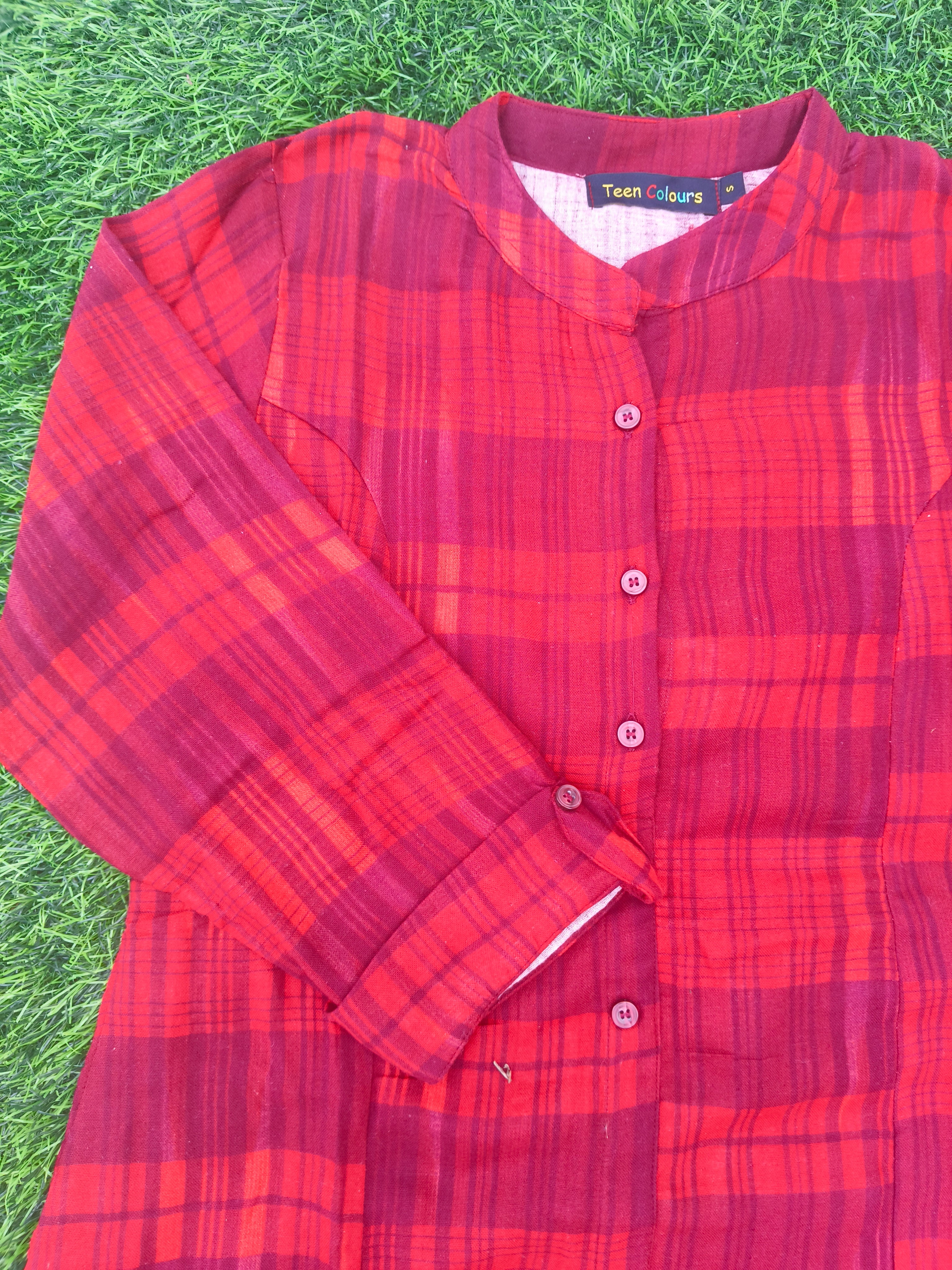 Women's Maroon & Red Checked Cotton Blend Princess Cut Kurti & Pant Co-Ord Set with Mandarin Collar and Folded Cuff Sleeves