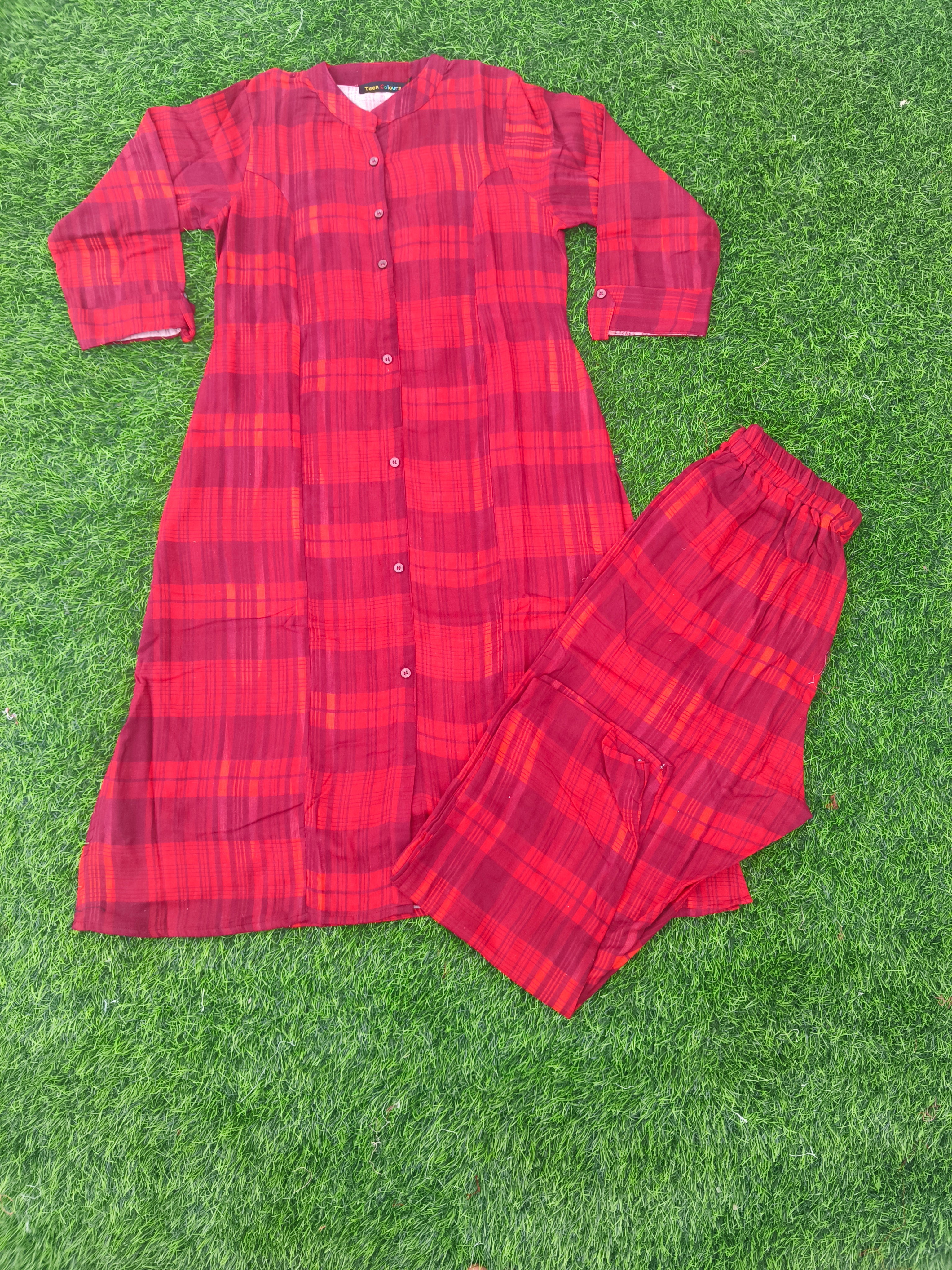 Women's Maroon & Red Checked Cotton Blend Princess Cut Kurti & Pant Co-Ord Set with Mandarin Collar and Folded Cuff Sleeves