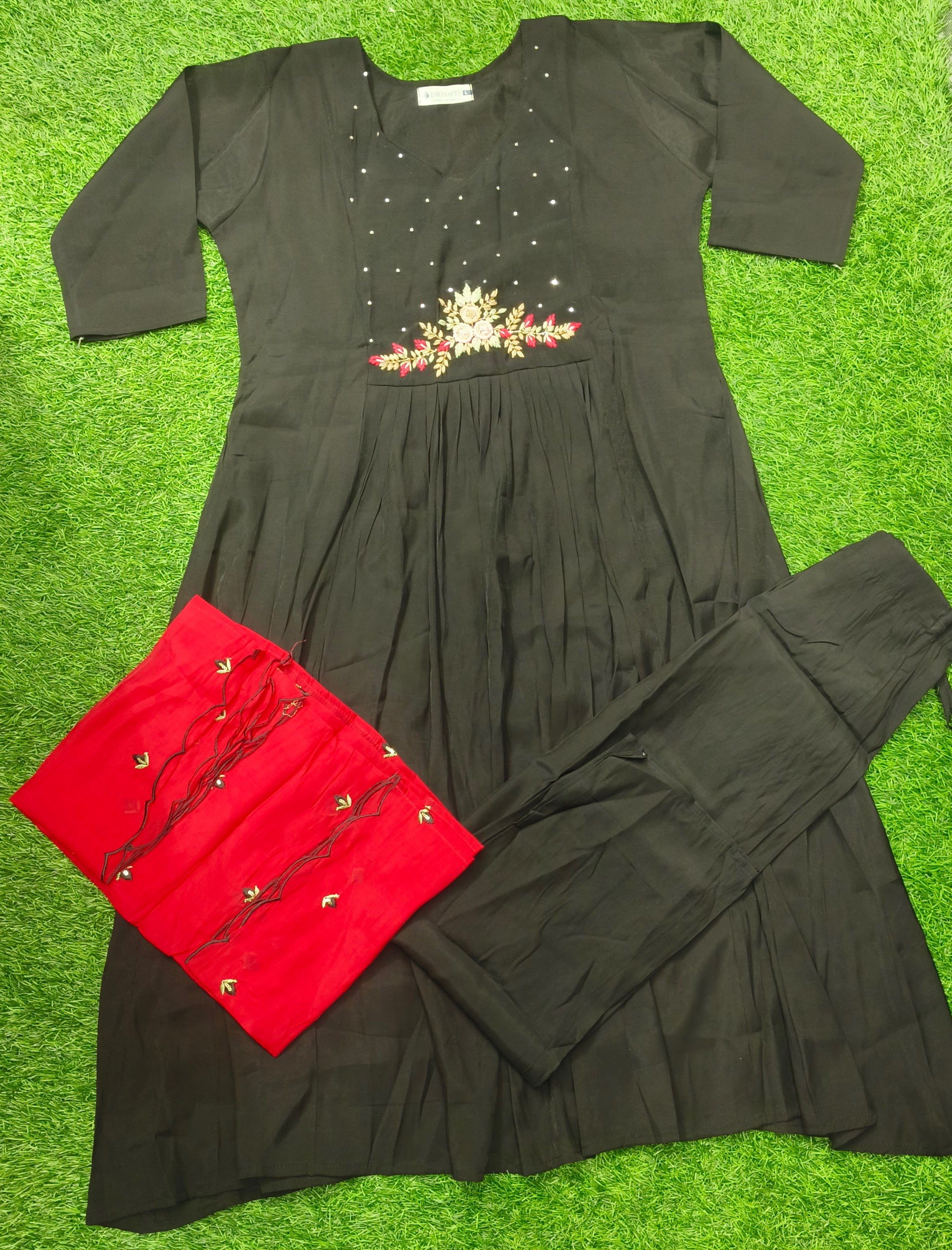 Elegant Black Silk Embroidered 3-Piece Kurti Set