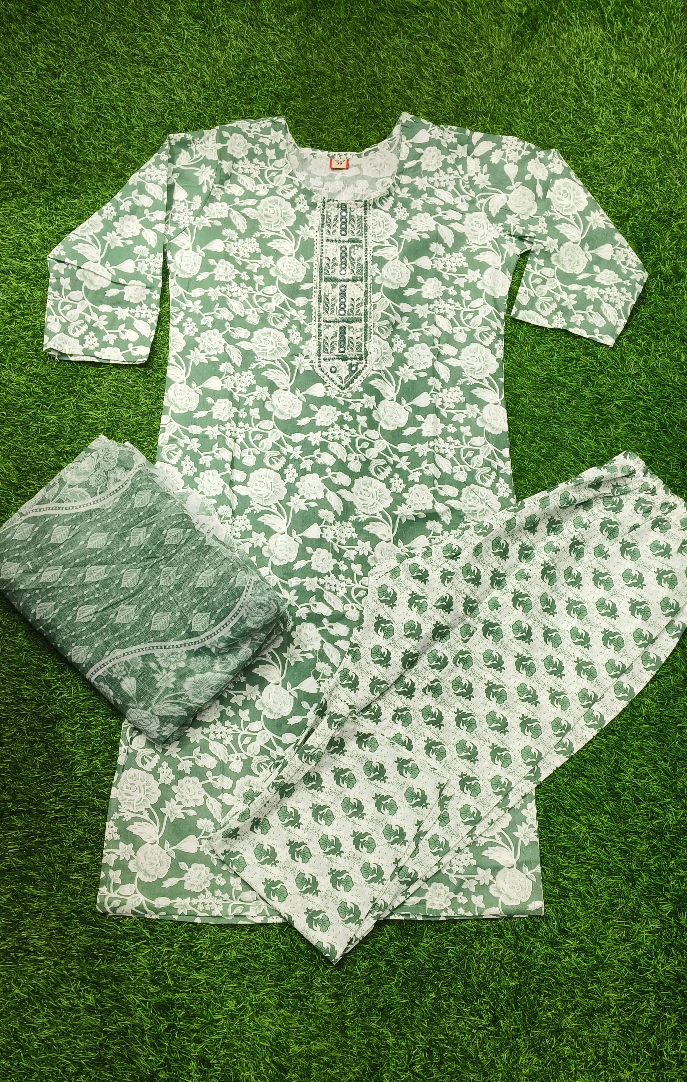 Elegant Green and White Floral Printed Cotton 3-Piece Kurti Set