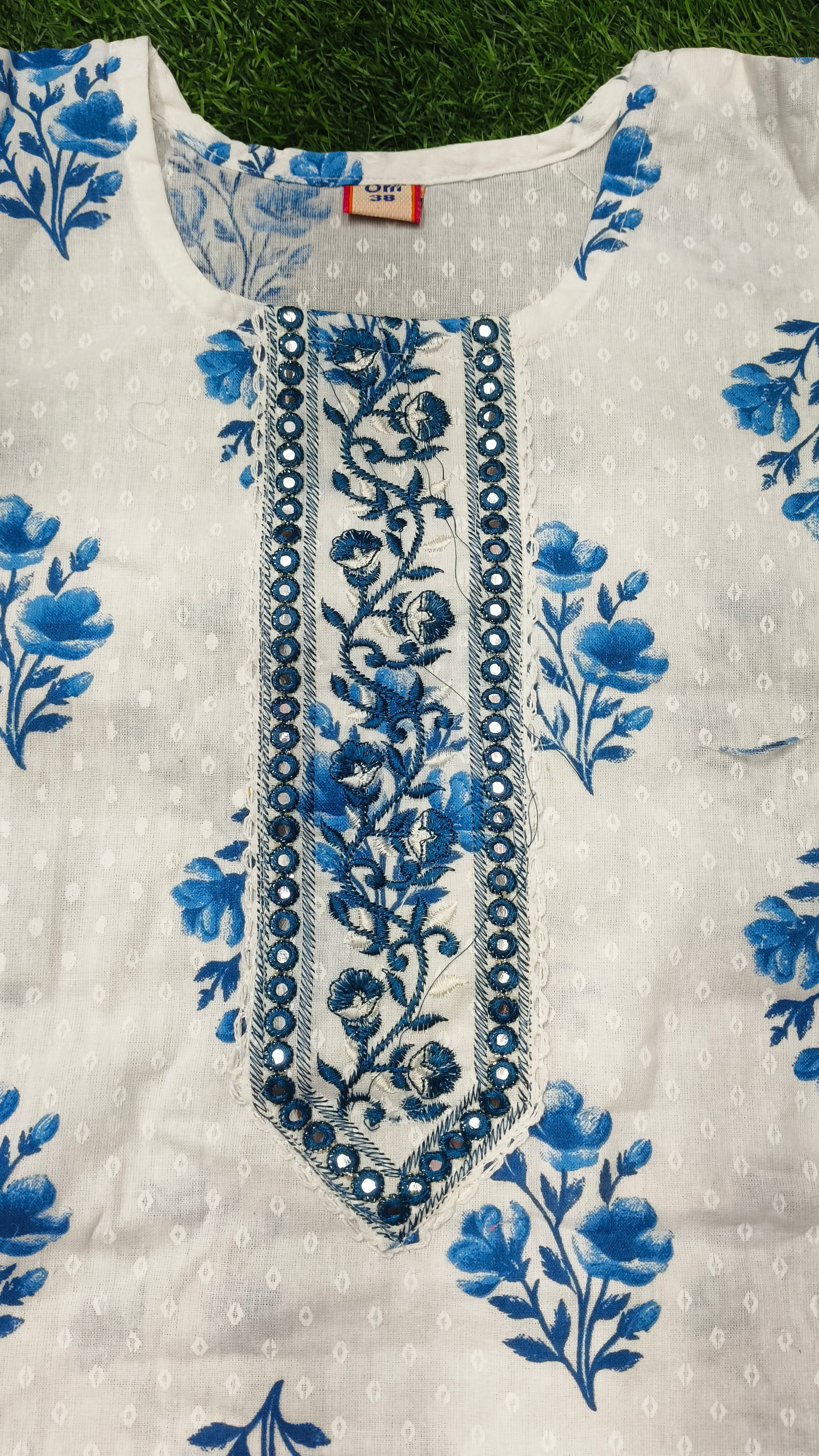 Elegant White and Blue Floral Printed Cotton 3-Piece Kurti Set