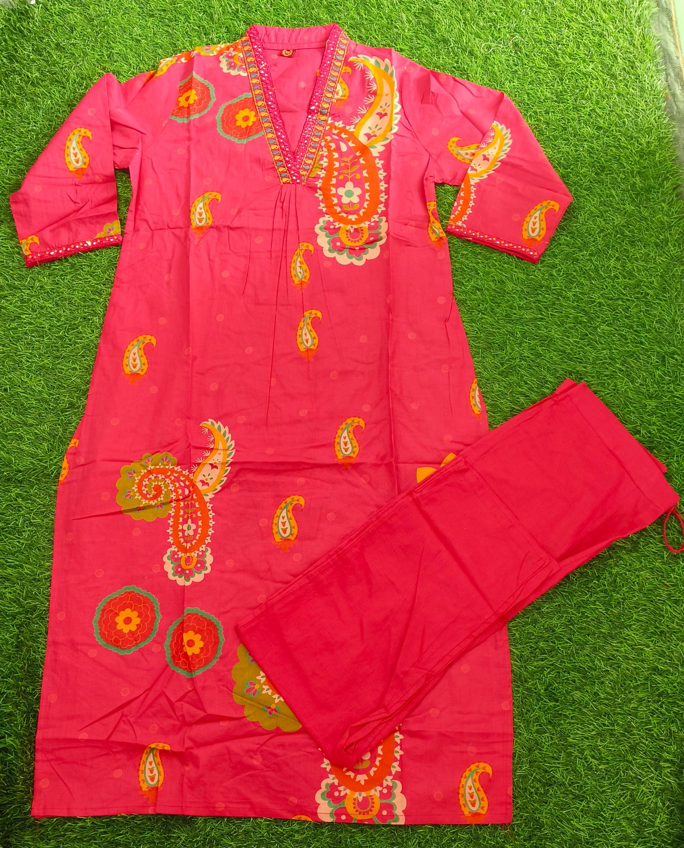Vibrant Bright Pink Block-Print Style Cotton 2-Piece Kurti Set