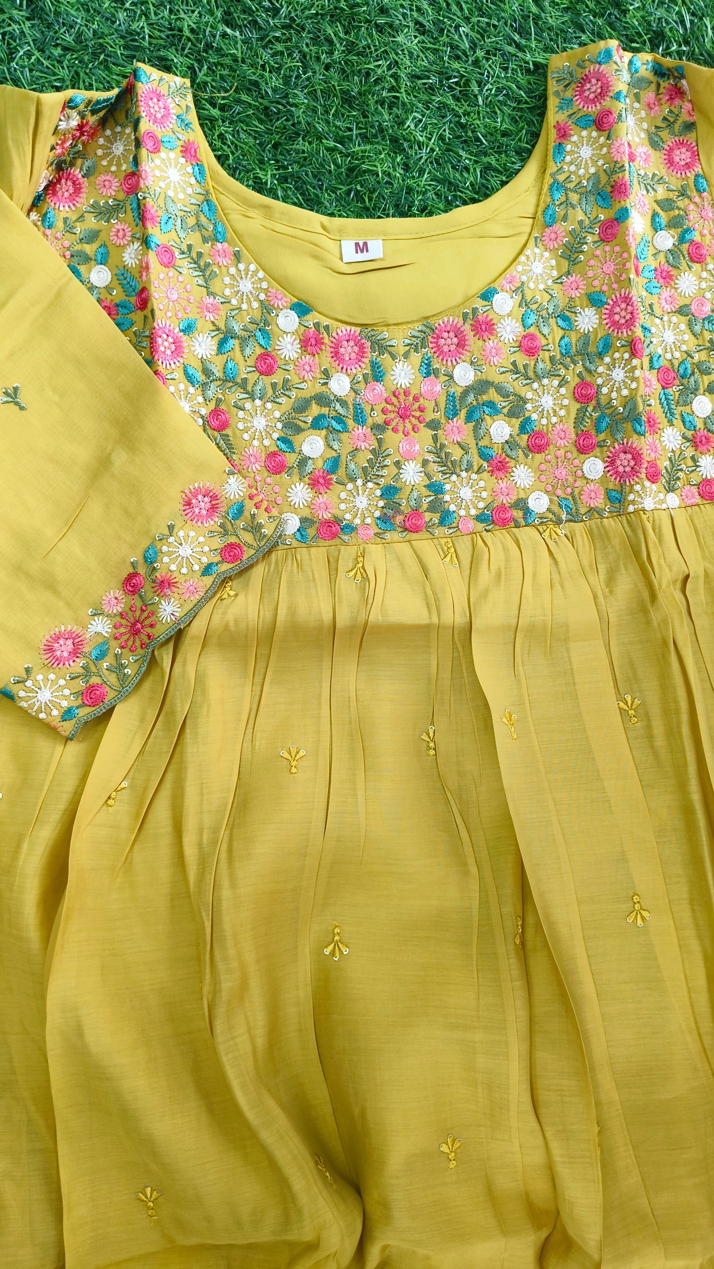 Vibrant Golden Yellow Embroidered Cotton 3-Piece Kurti Set