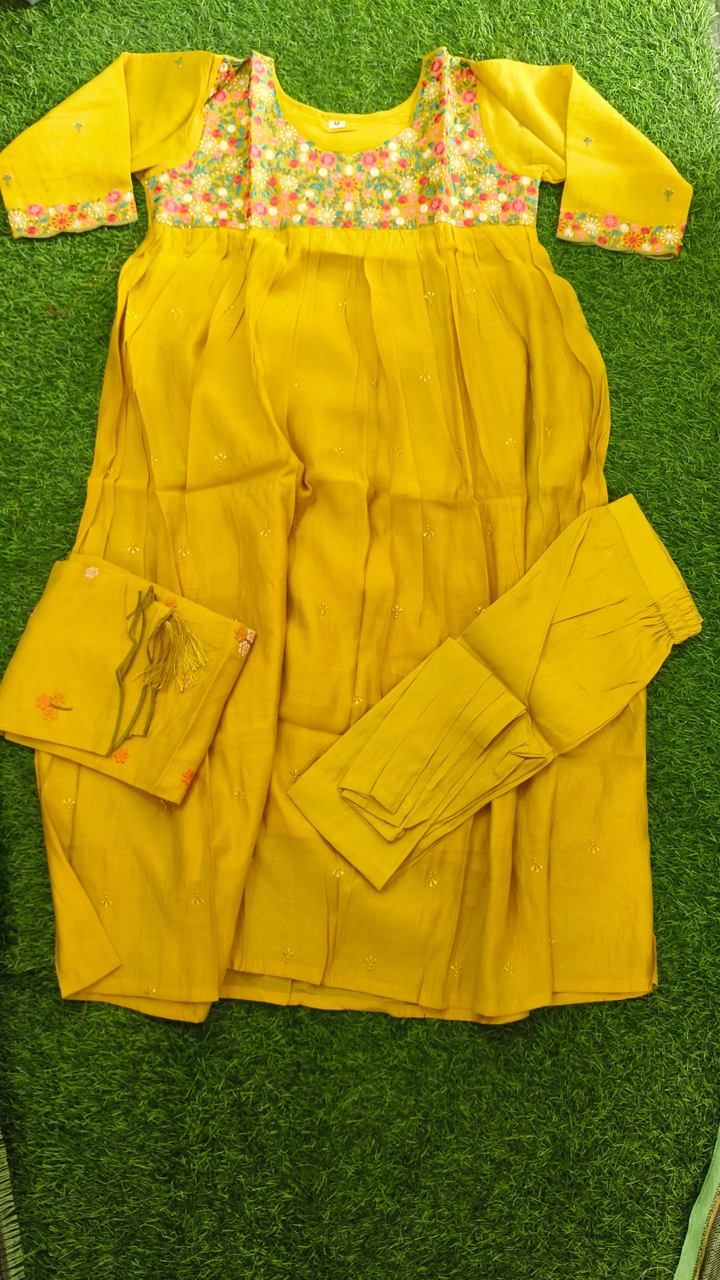 Vibrant Golden Yellow Embroidered Cotton 3-Piece Kurti Set