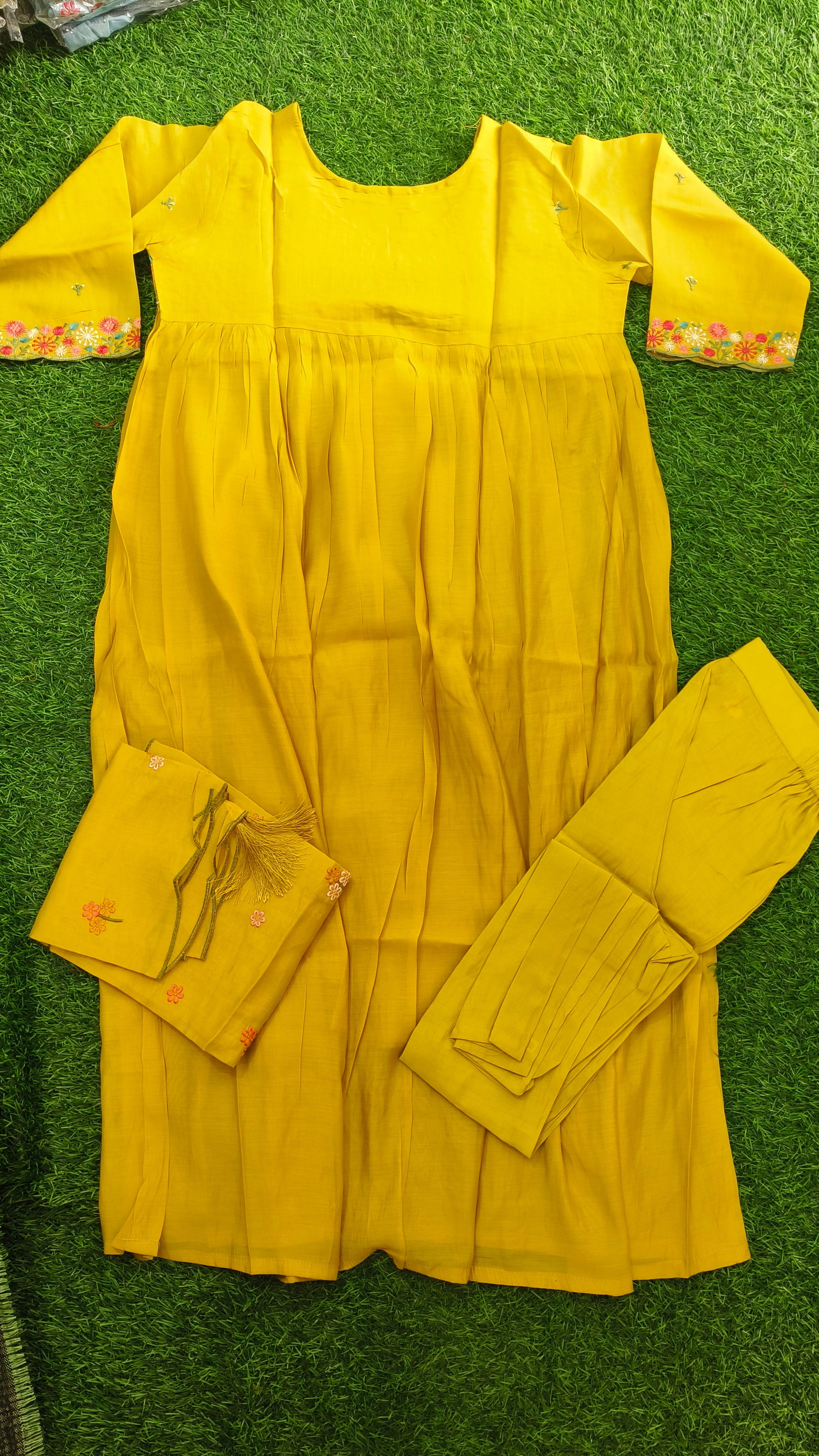 Vibrant Golden Yellow Embroidered Cotton 3-Piece Kurti Set