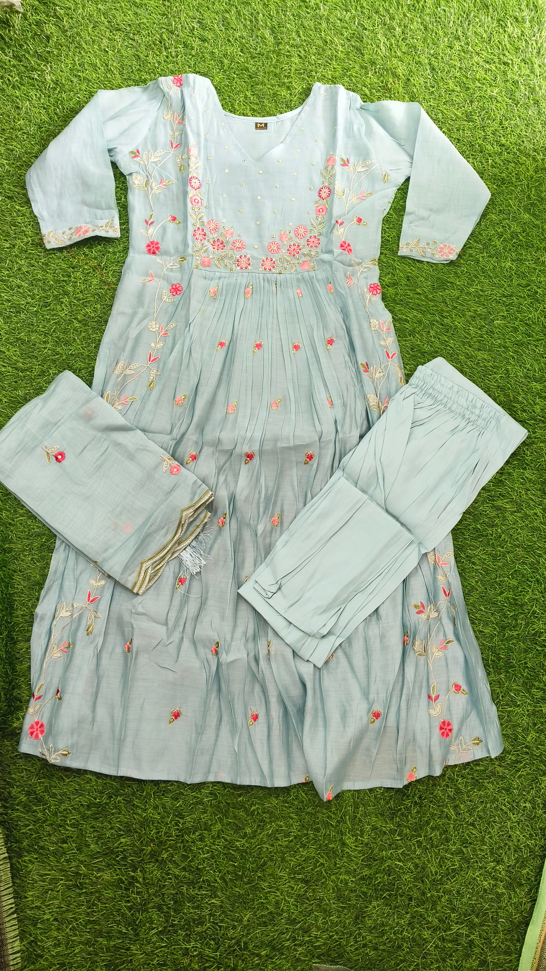 Elegant Mint Green Embroidered Cotton 3-Piece Kurti Set