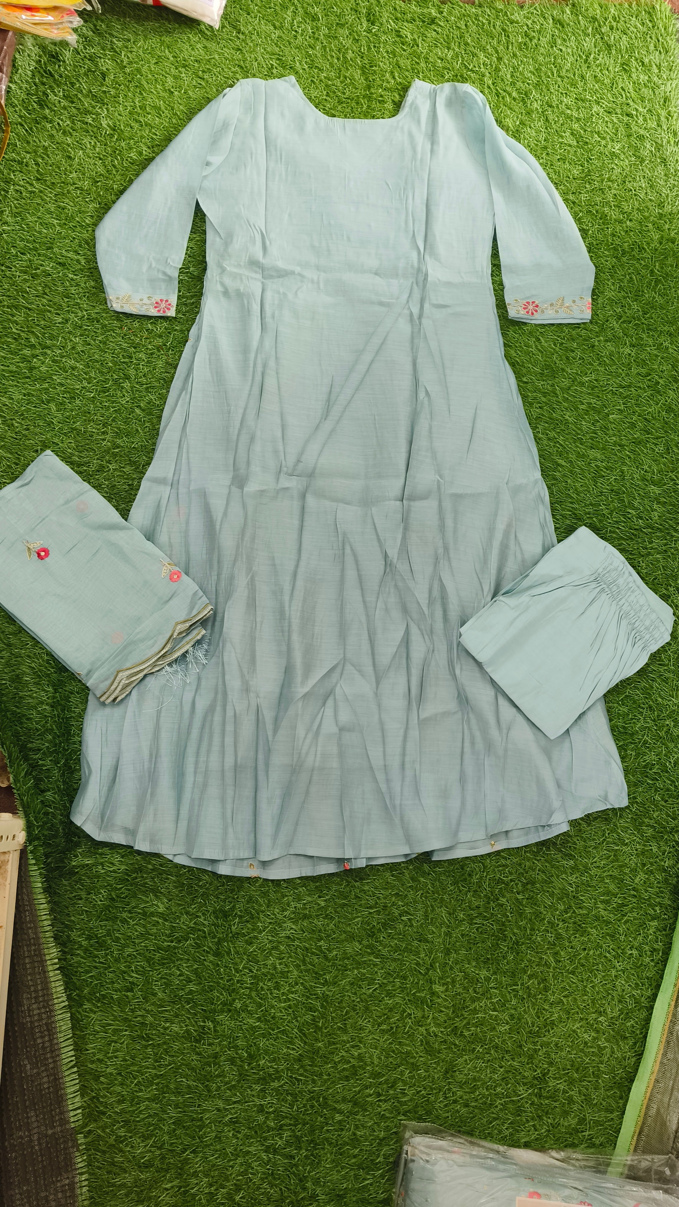 Elegant Mint Green Embroidered Cotton 3-Piece Kurti Set