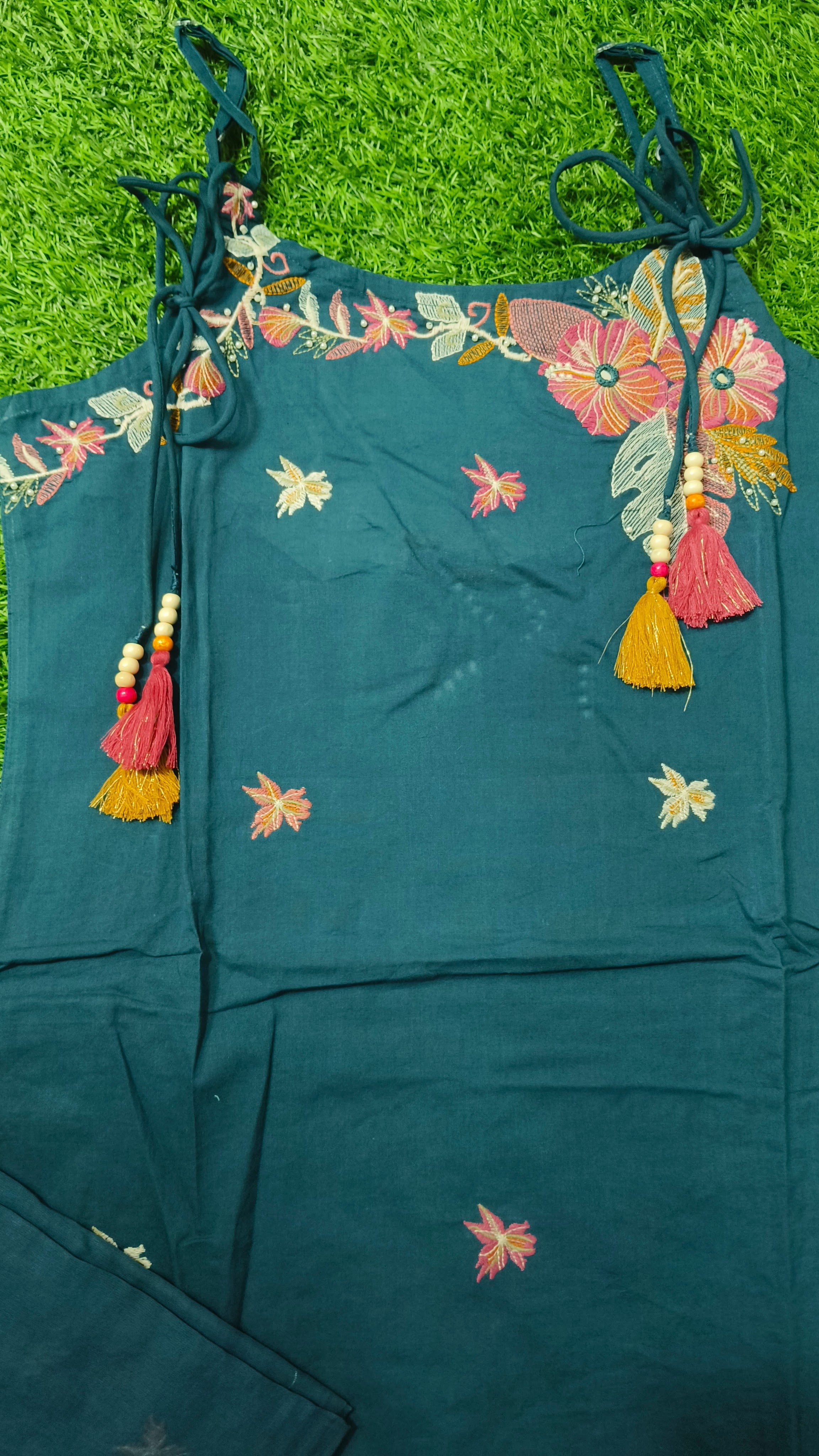 Vibrant Teal Blue Embroidered Cotton Sleeveless 3-Piece Kurti Set