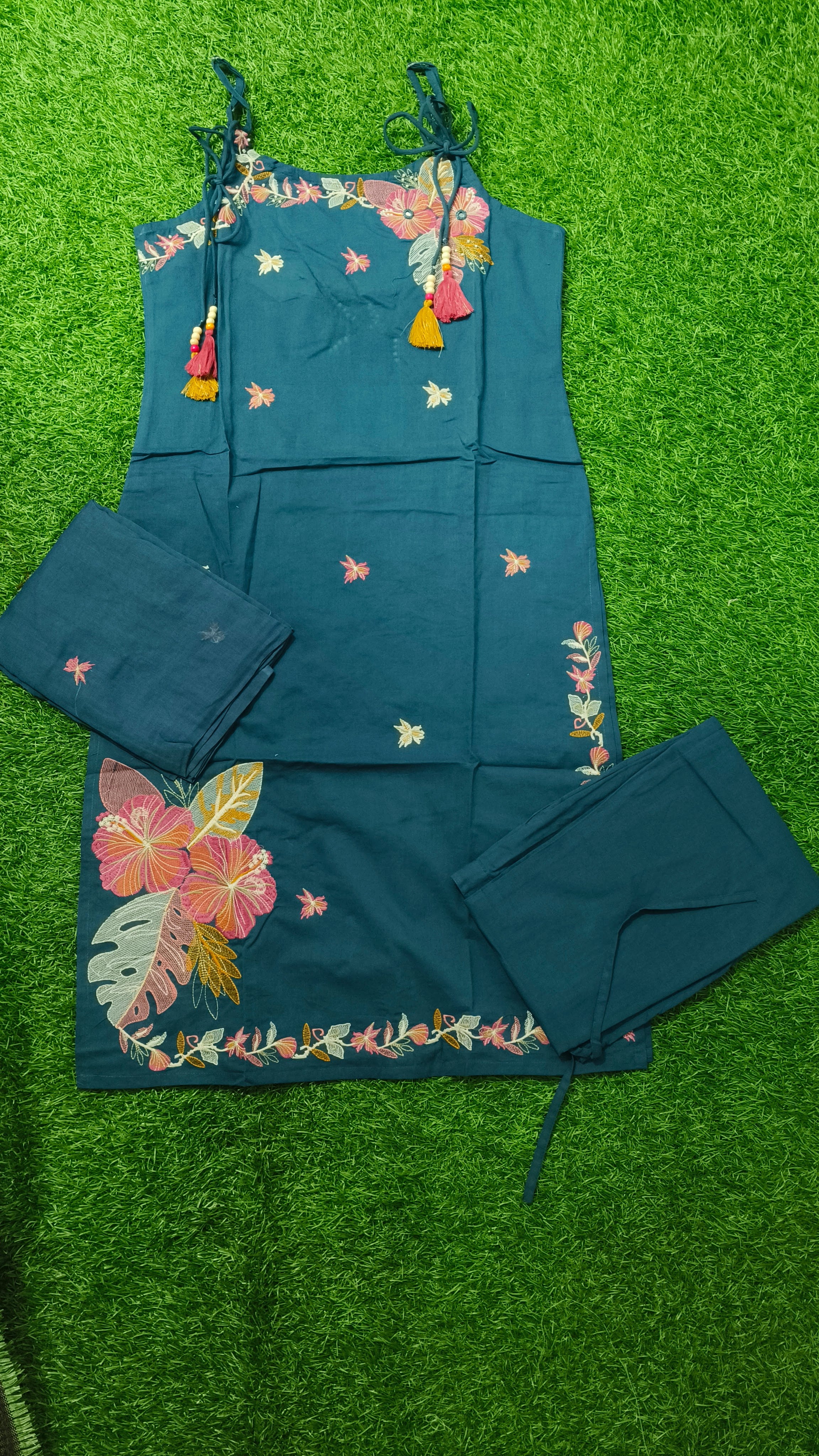 Vibrant Teal Blue Embroidered Cotton Sleeveless 3-Piece Kurti Set