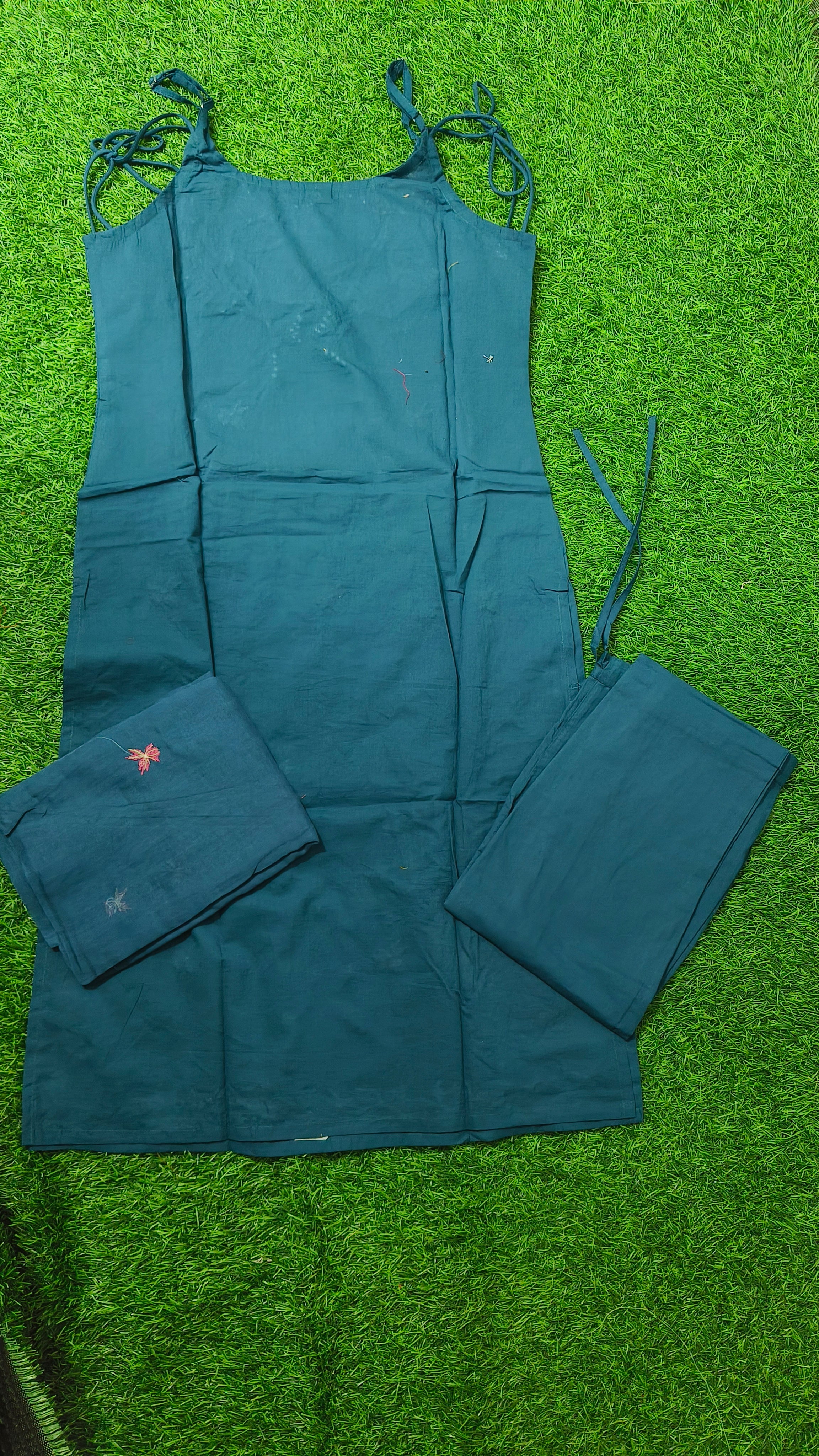 Vibrant Teal Blue Embroidered Cotton Sleeveless 3-Piece Kurti Set