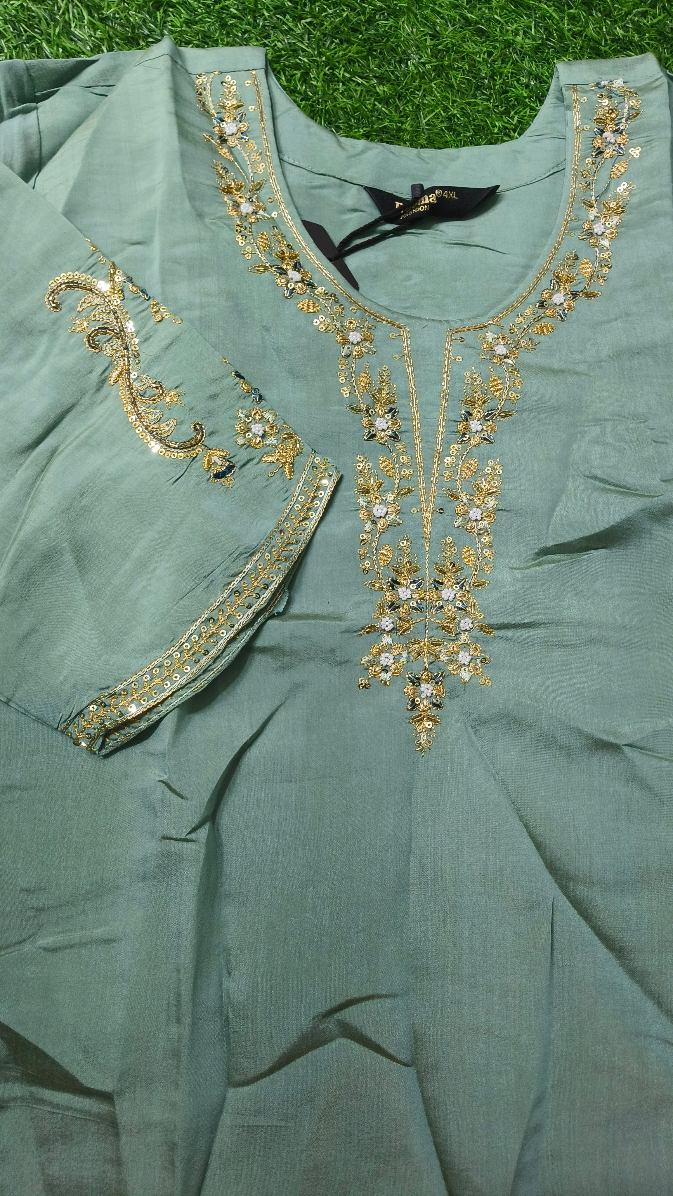 Elegant Sage Green Silk Embroidered 3-Piece Kurti Set