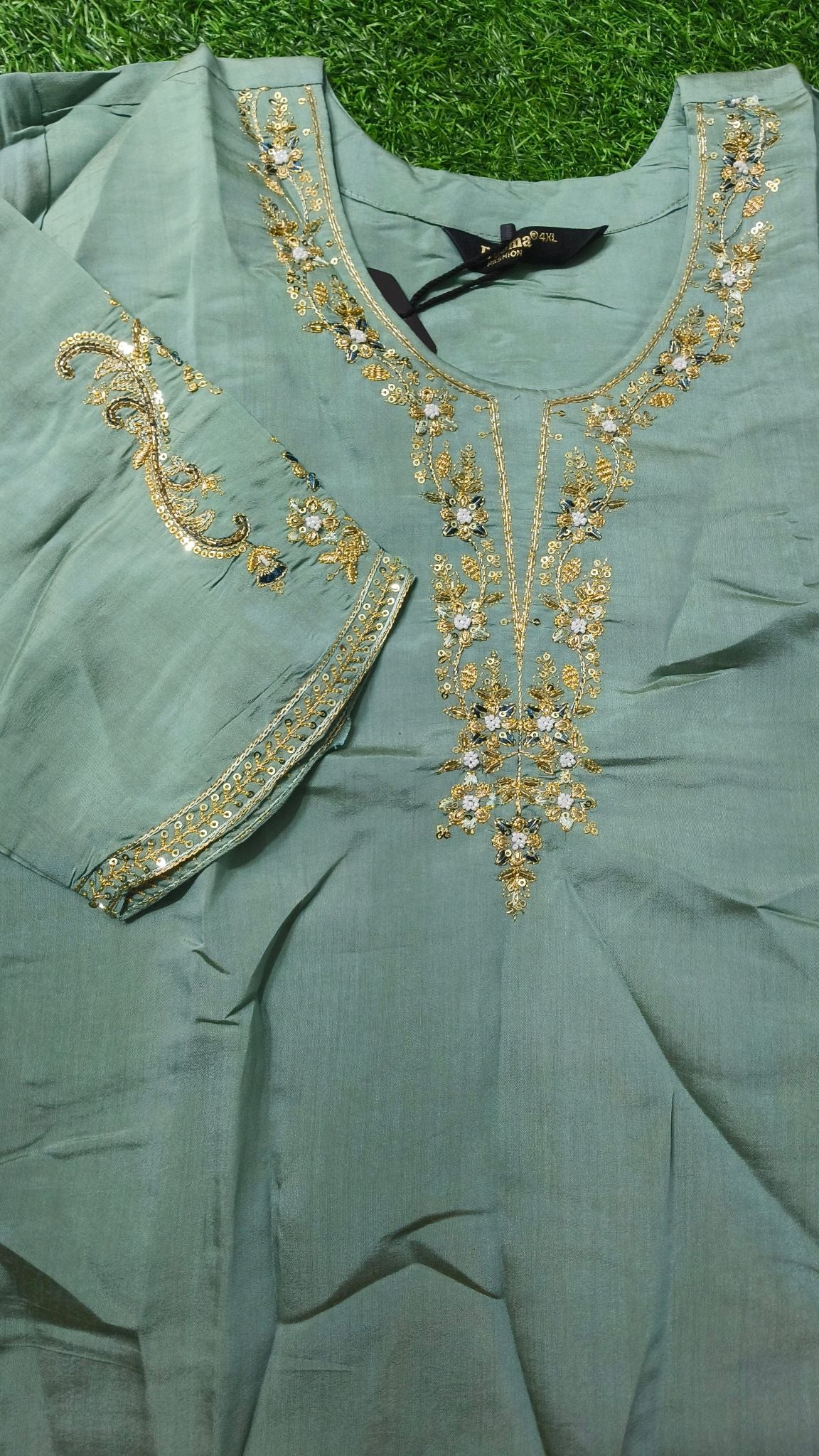 Elegant Sage Green Silk Embroidered 3-Piece Kurti Set