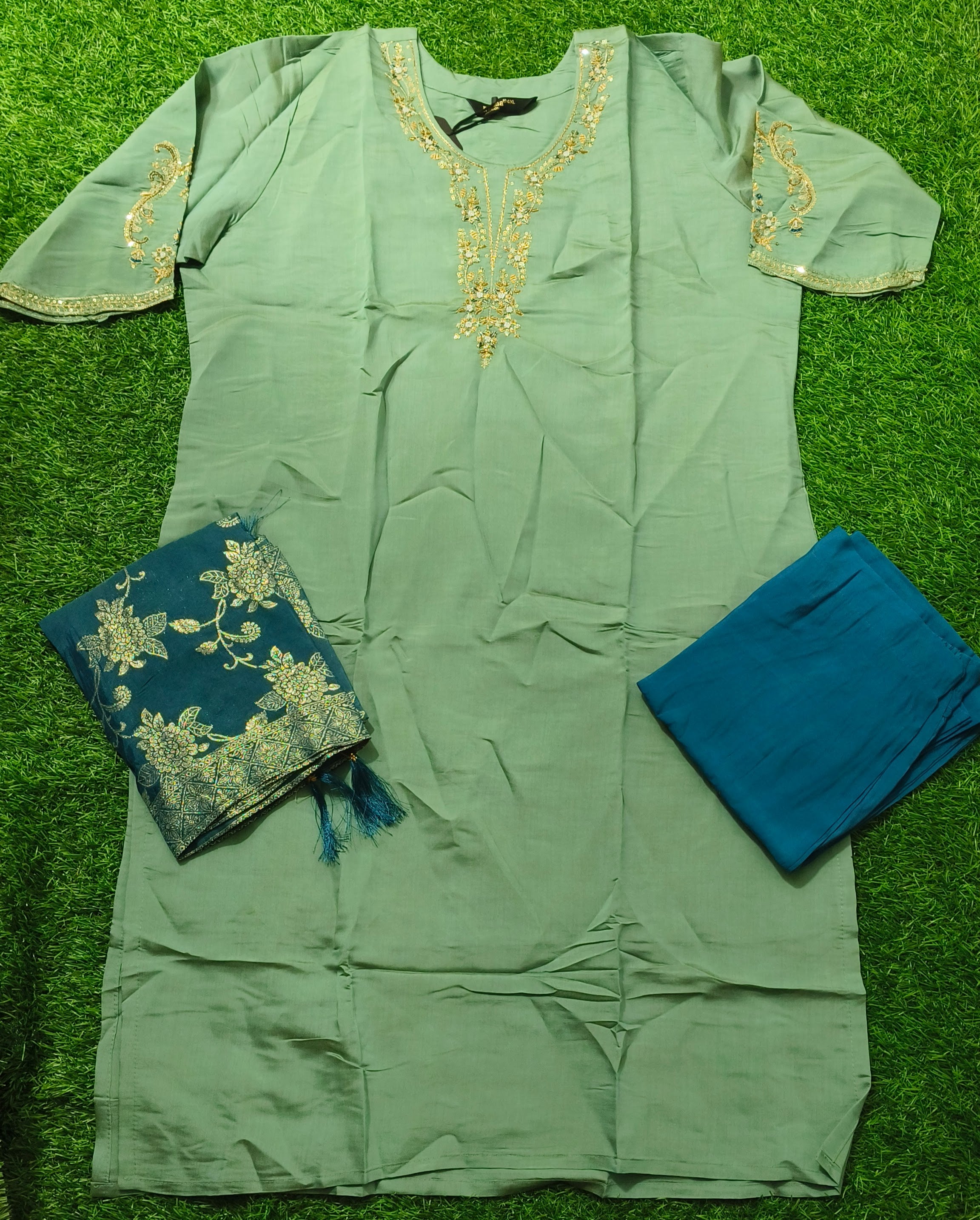 Elegant Sage Green Silk Embroidered 3-Piece Kurti Set