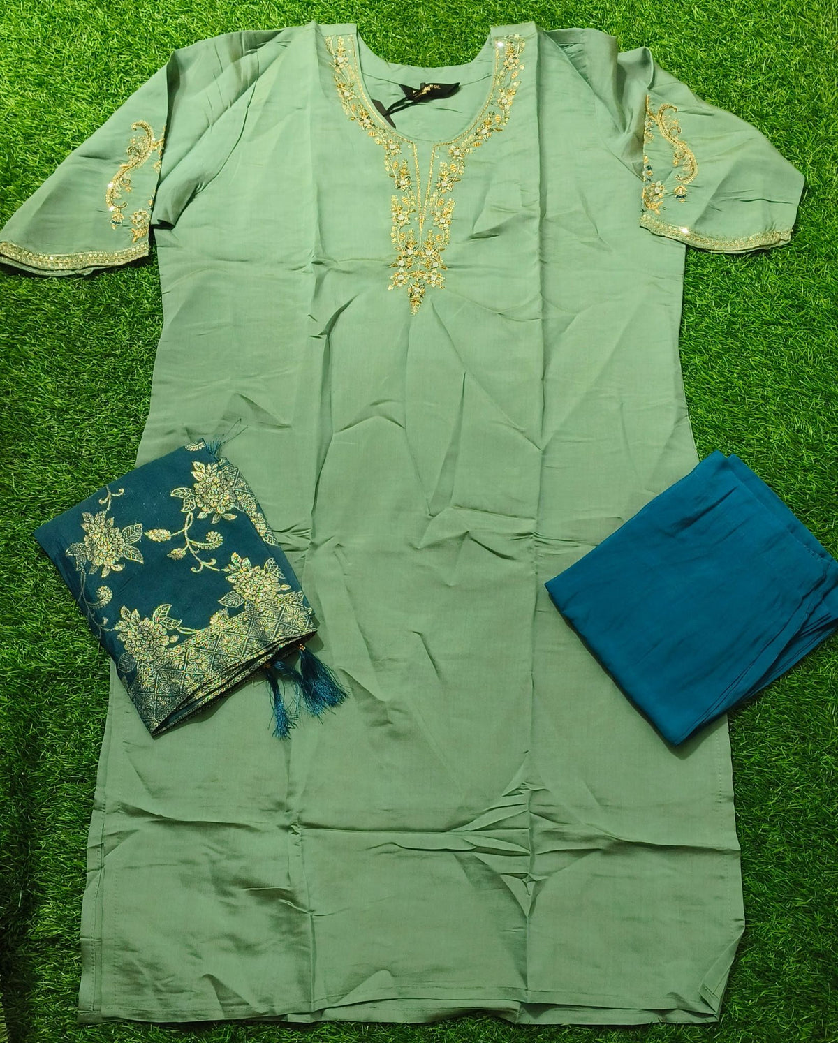 Elegant Sage Green Silk Embroidered 3-Piece Kurti Set