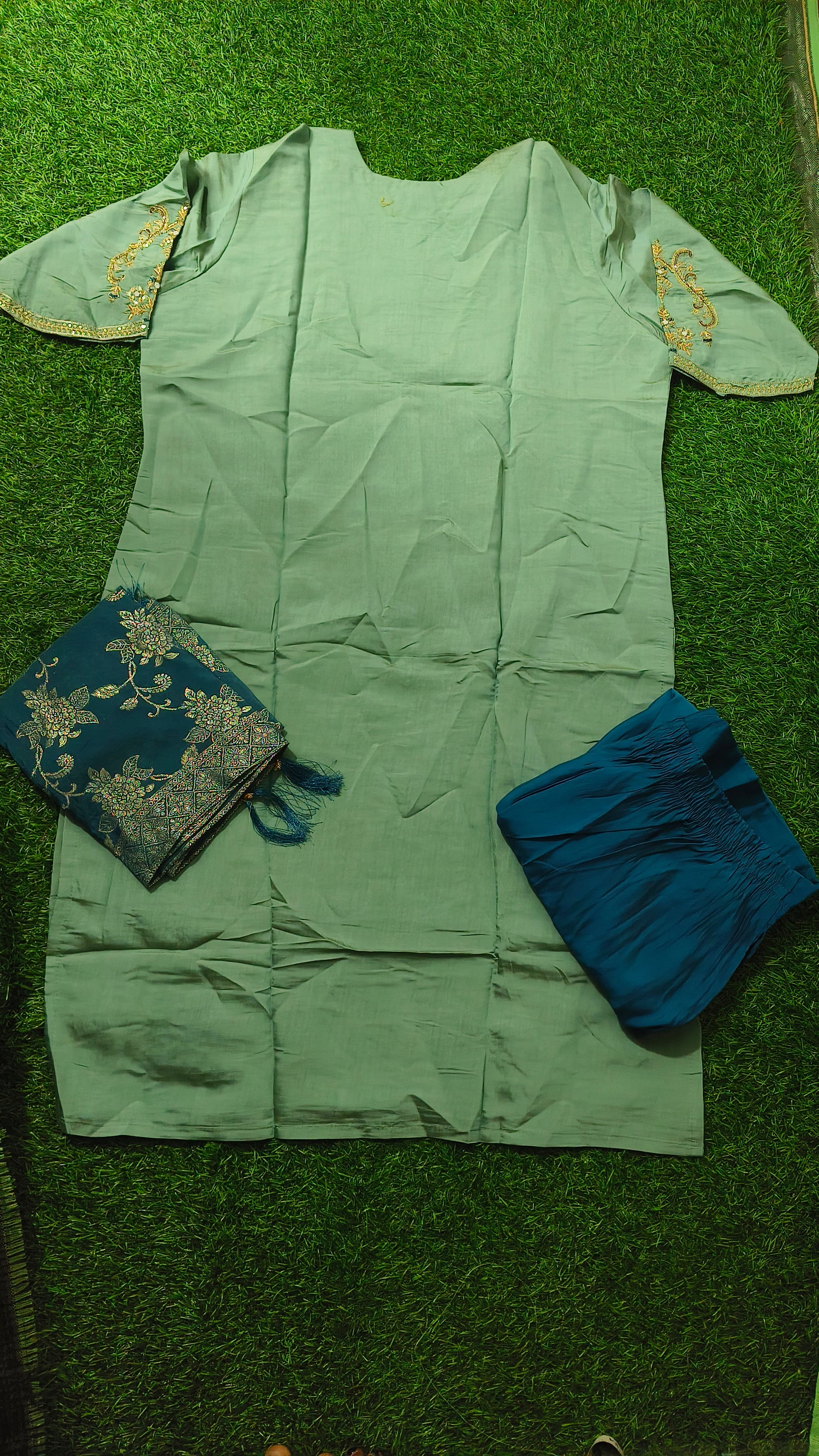 Elegant Sage Green Silk Embroidered 3-Piece Kurti Set