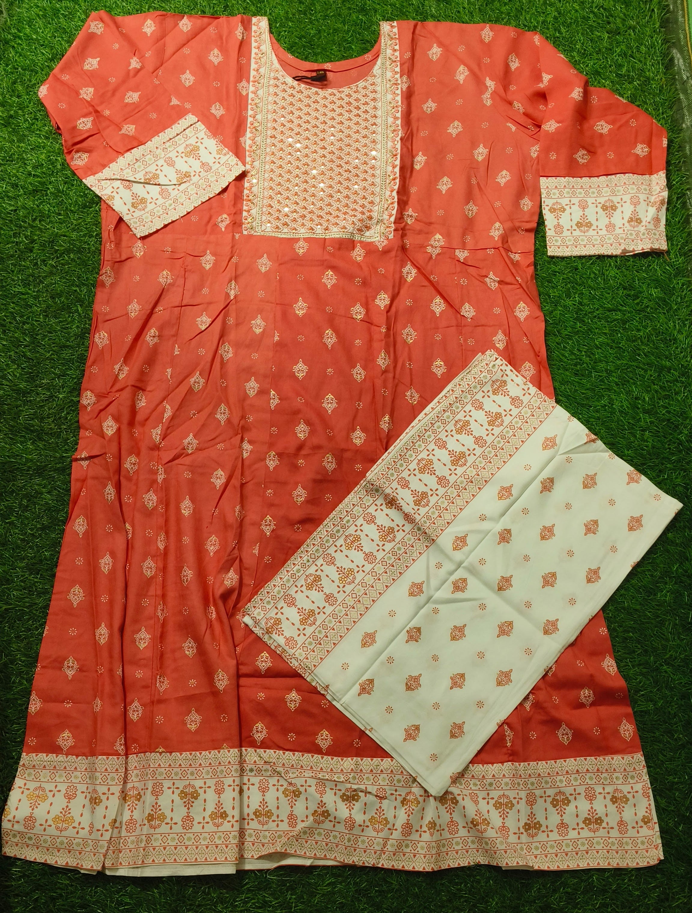 Elegant Coral Pink and White Printed Rayon Top & Dupatta Set